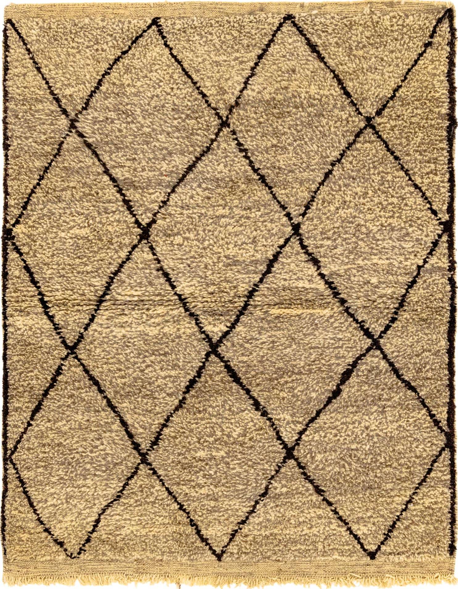 A 4x6 rectangular Moroccan shag rug in warm brown and ivory with a bold tribal diamond pattern.