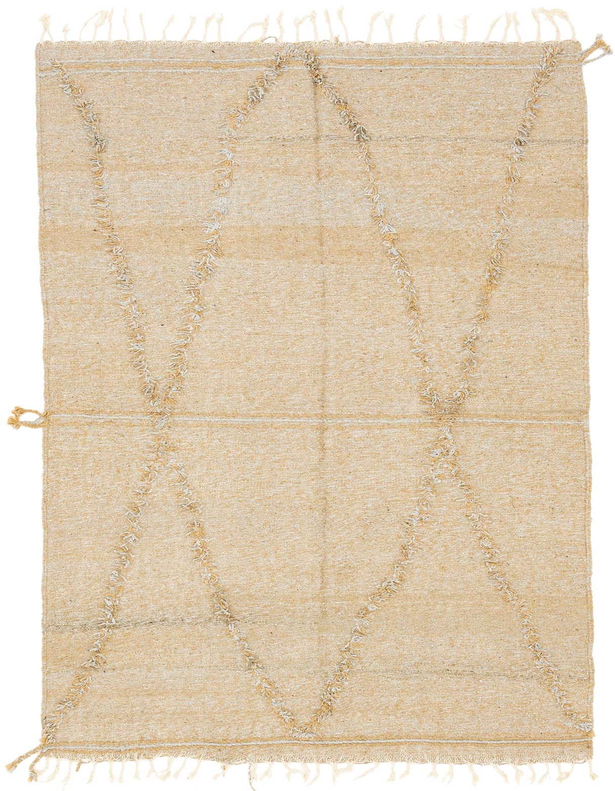 A 5x8 rectangular Moroccan shag rug in warm brown and ivory tones with a tribal diamond pattern.