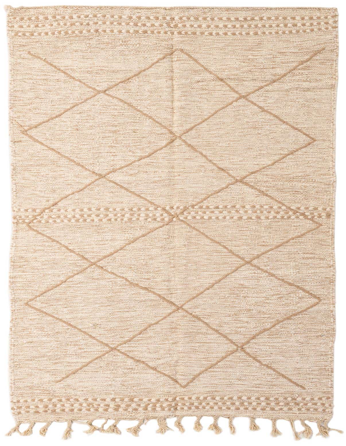 A 5x8 rectangular Moroccan tribal wool rug in shades of brown and cream, featuring a diamond pattern and textured borders with tassels.