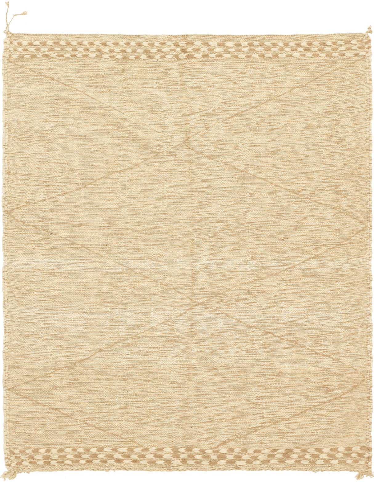 A 5x8 rectangular Moroccan tribal wool rug in shades of brown, tan, and cream, featuring an abstract diamond pattern and patterned borders.