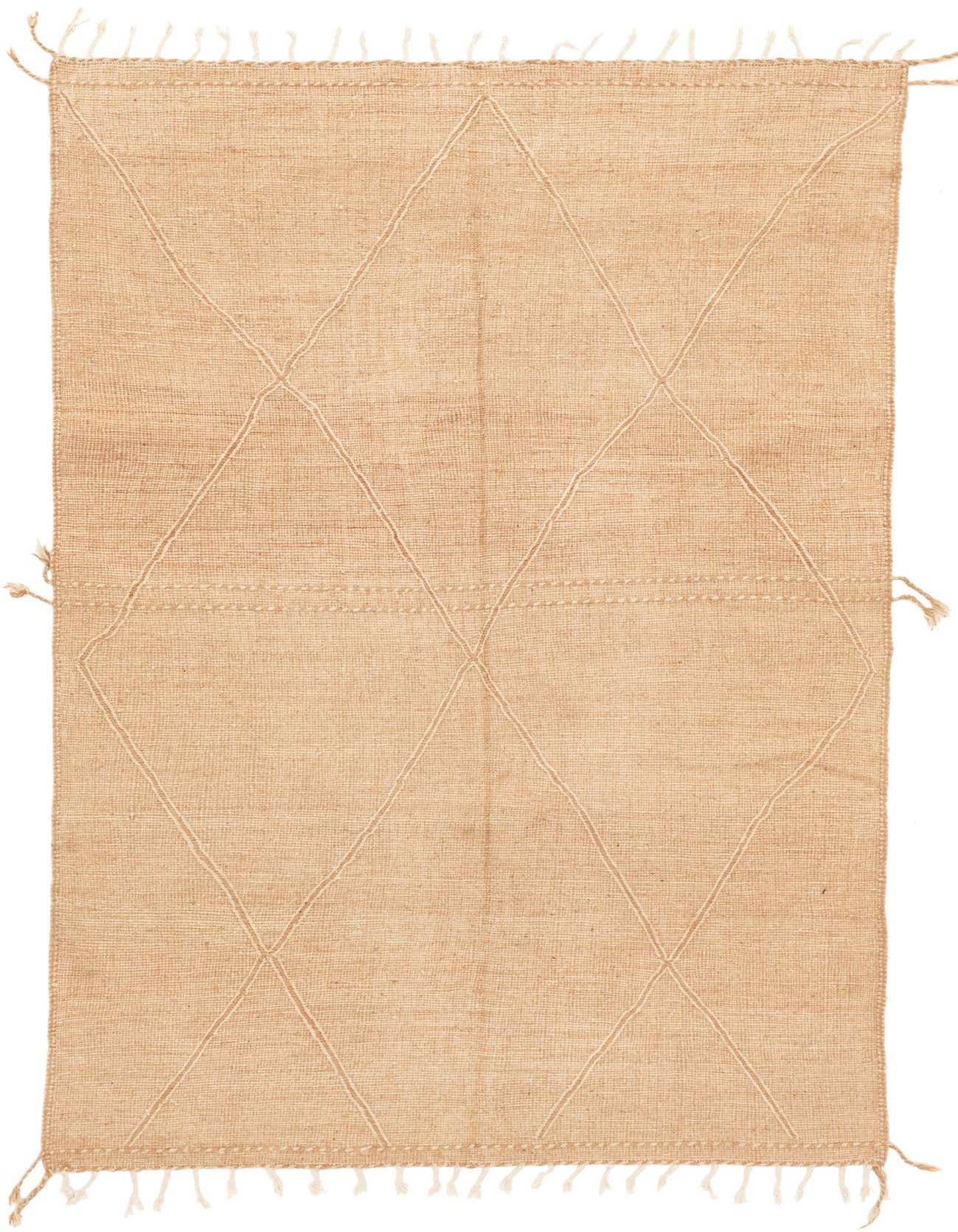 A 7x10 rectangular Moroccan shag rug in natural brown and cream with a tribal diamond pattern, ideal for a living room.