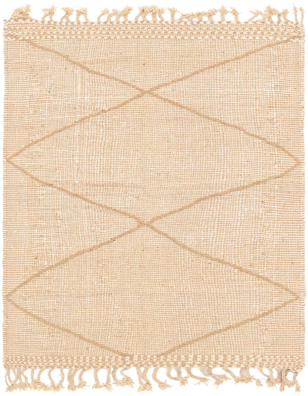 A 3x5 rectangular shag rug in natural brown and ivory with a tribal diamond pattern and fringed edges, perfect for a modern indoor space.