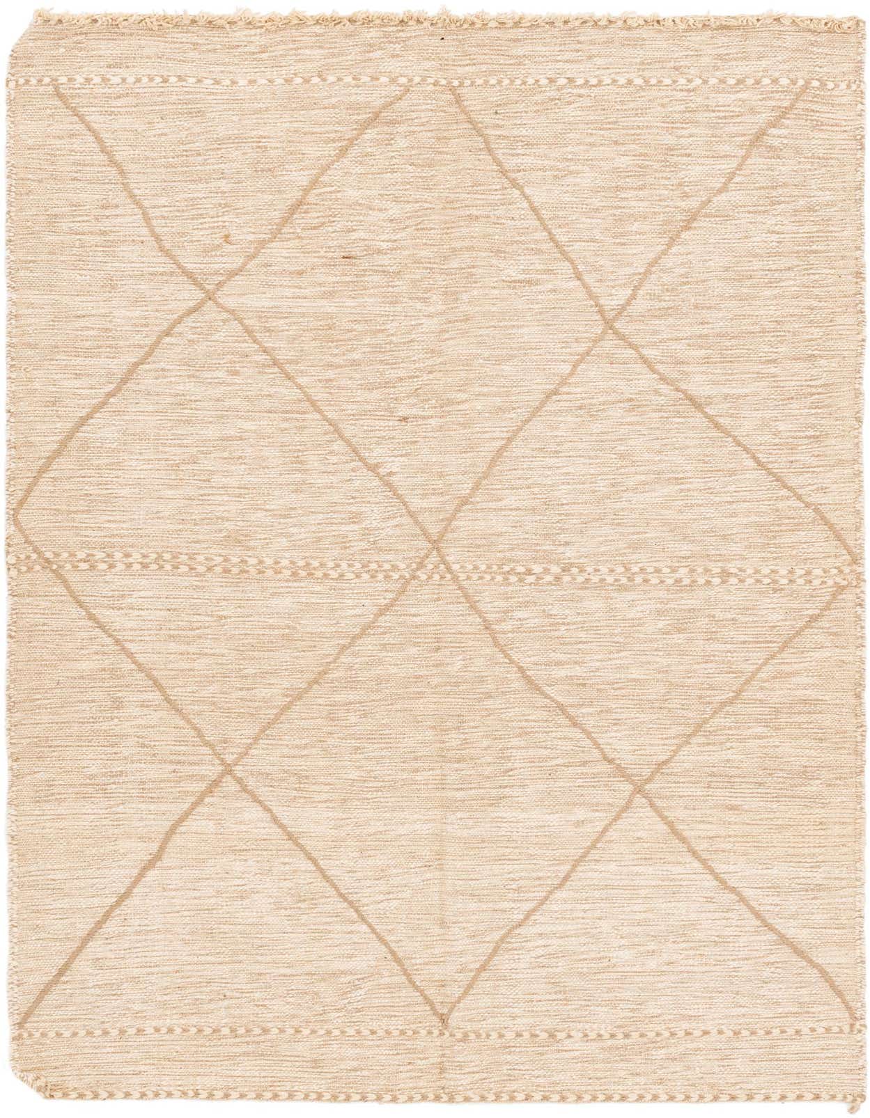 A rectangular 5x8 Moroccan tribal shag rug in natural brown and ivory tones with a subtle diamond pattern.