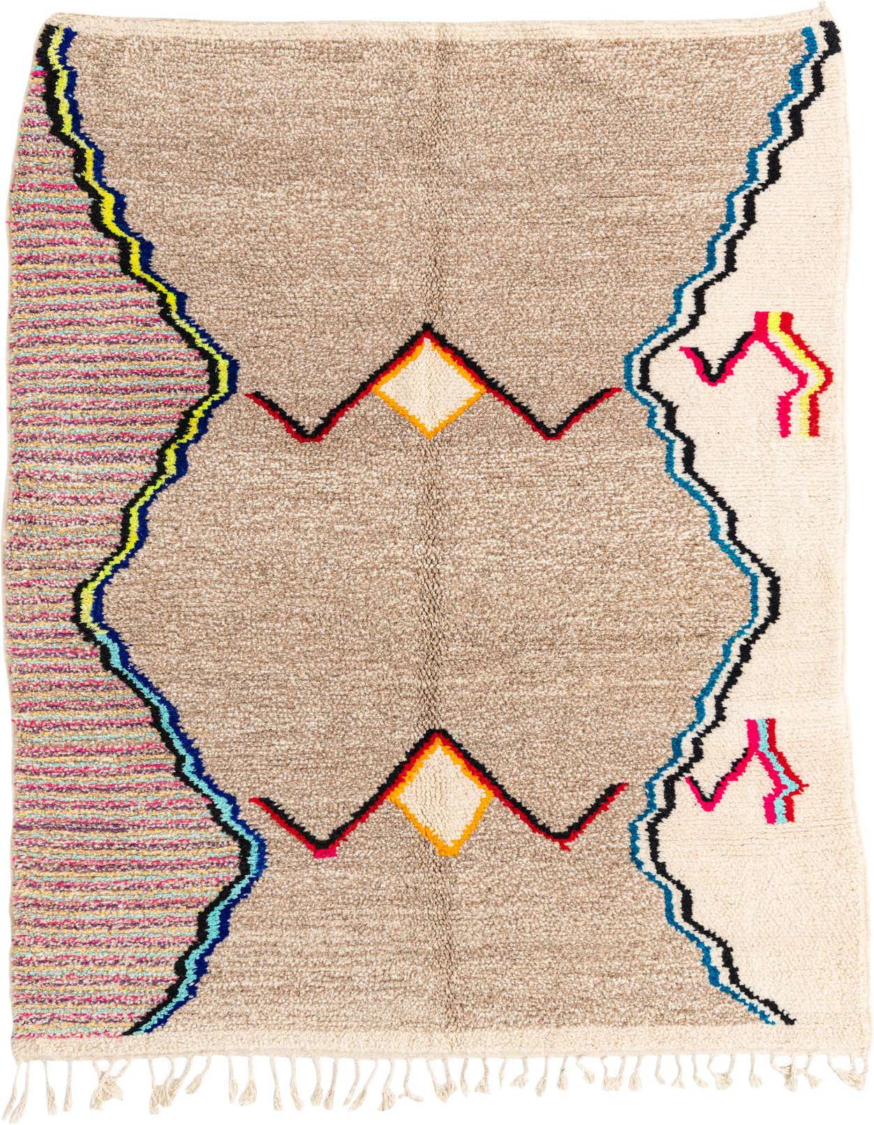 A 6x9 rectangular Moroccan shag rug with a brown center, cream borders, and colorful tribal patterns.