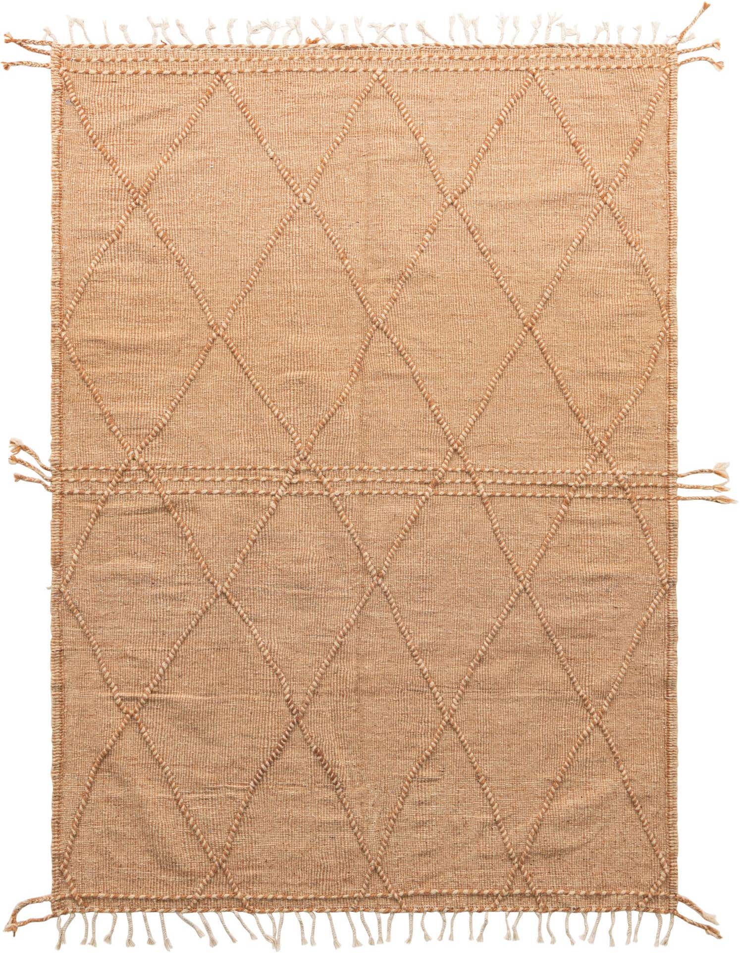 A 6x9 rectangular Moroccan tribal wool rug in shades of brown and tan with a diamond pattern and fringed edges.