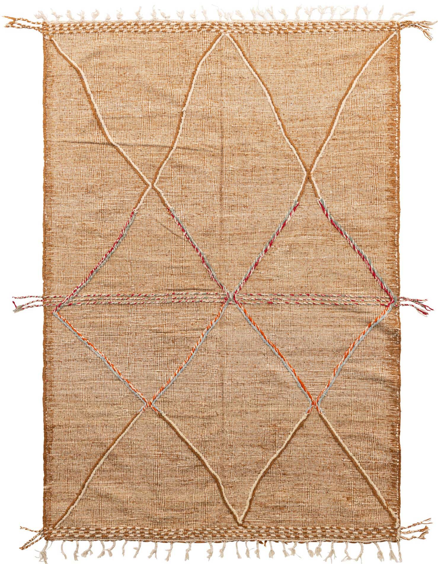 A 6x9 rectangular brown wool shag rug with a tribal diamond pattern in cream and colorful accents.