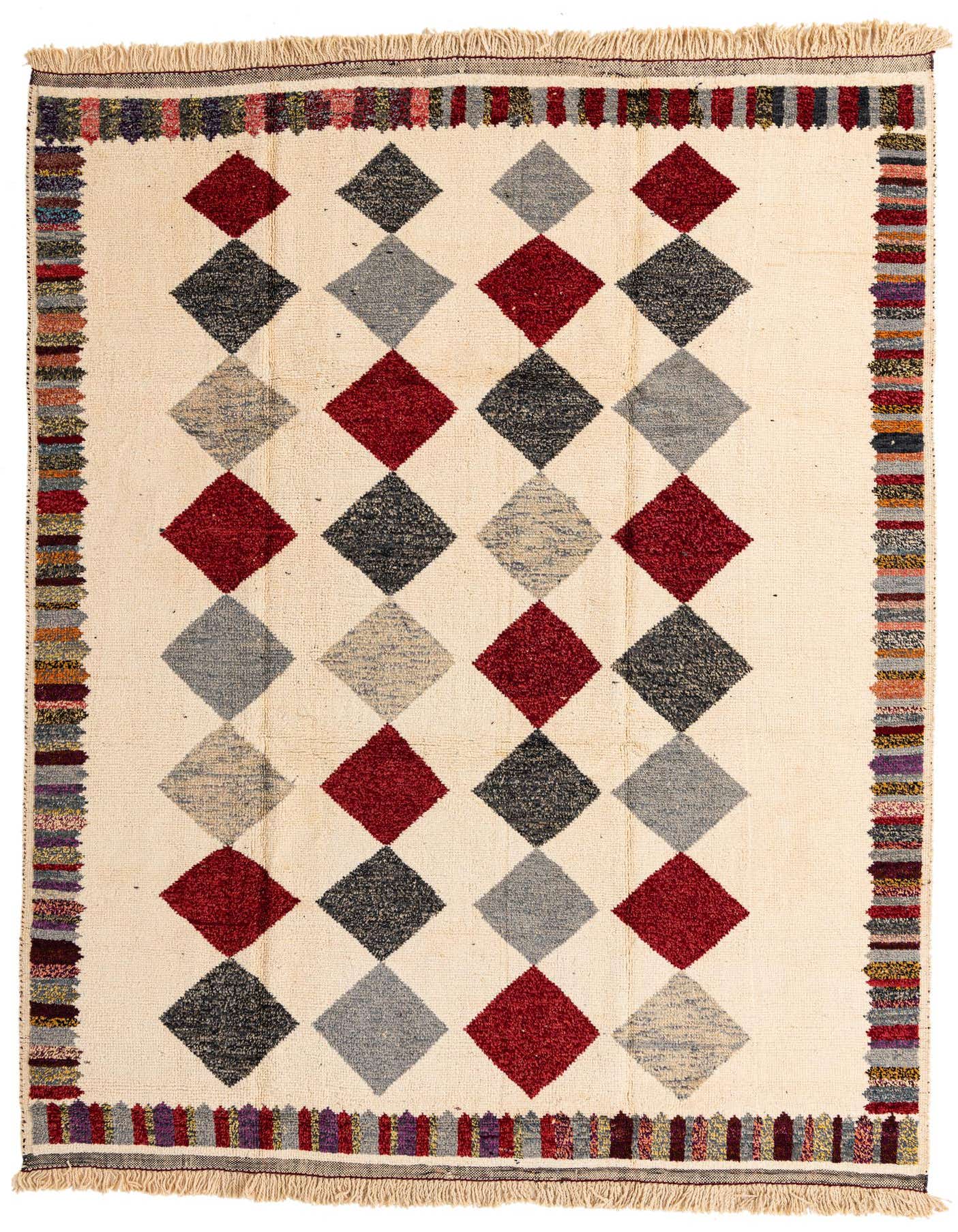 A 9x12 rectangular Moroccan shag rug with a cream background, featuring a diamond pattern in varying shades of red, grey, and black, framed by a colorful striped border.