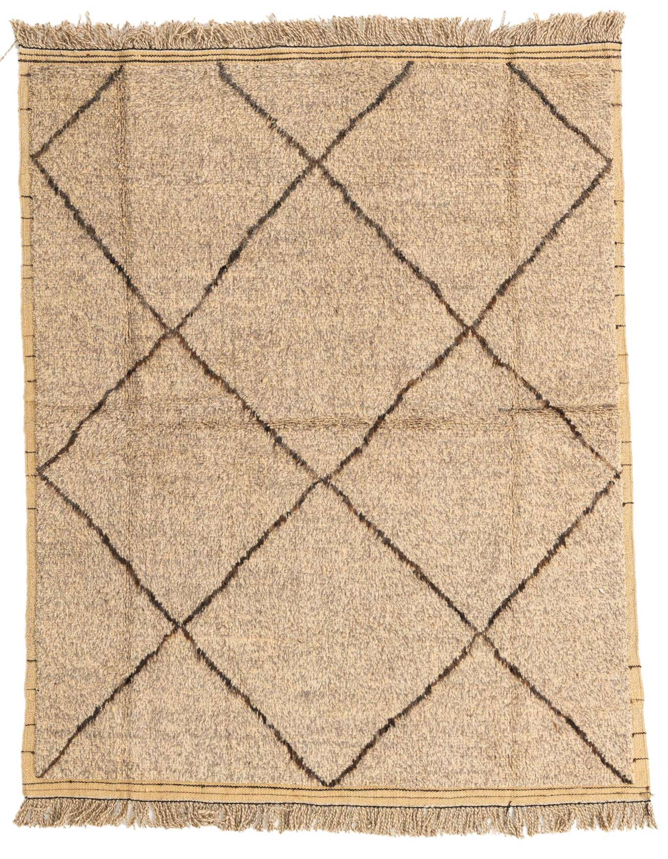 A 5x8 rectangular Moroccan shag rug in brown and ivory with a tribal diamond pattern and fringe.