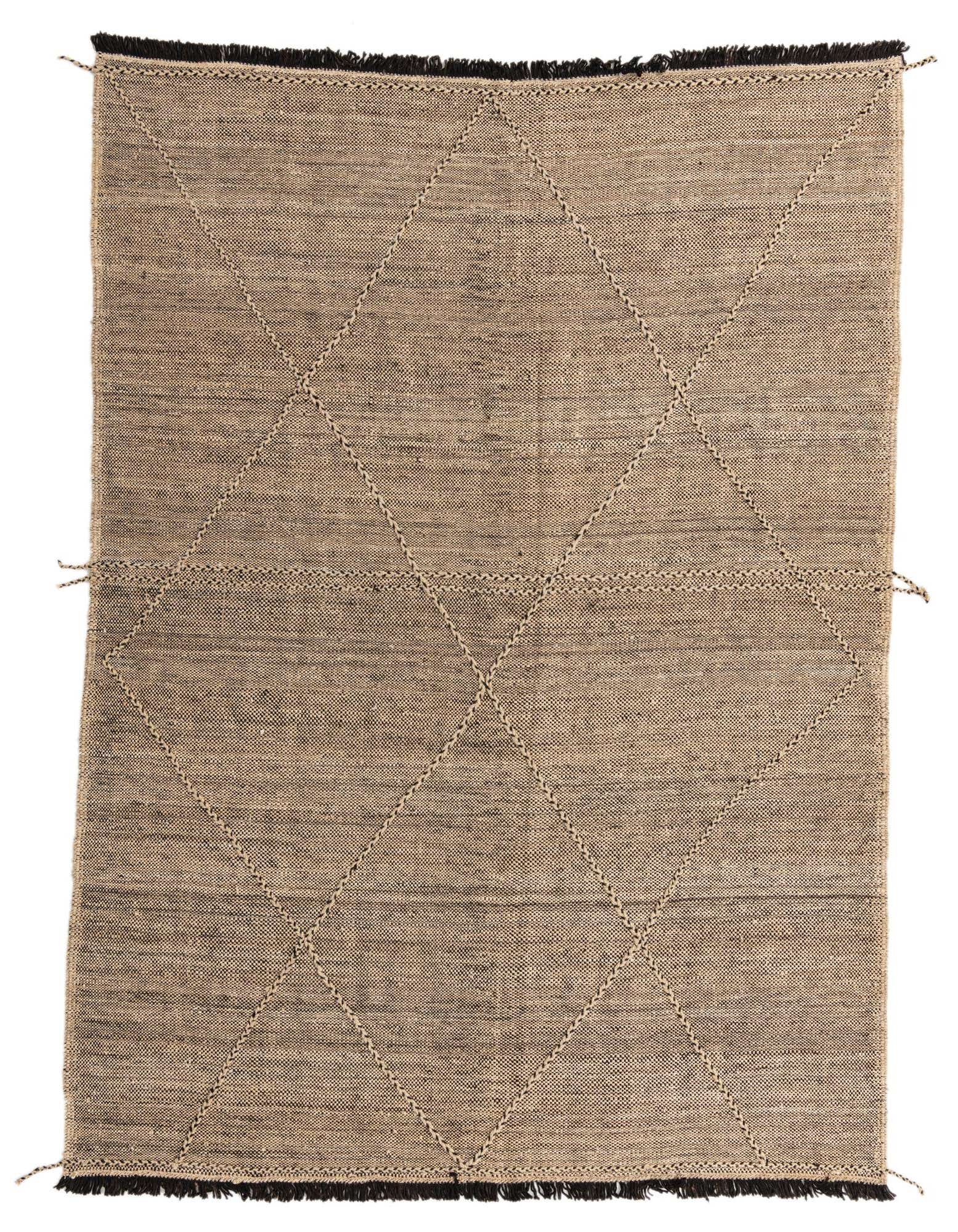 A 7x10 rectangular Moroccan shag rug with a tribal diamond pattern in browns, tans, and ivories.