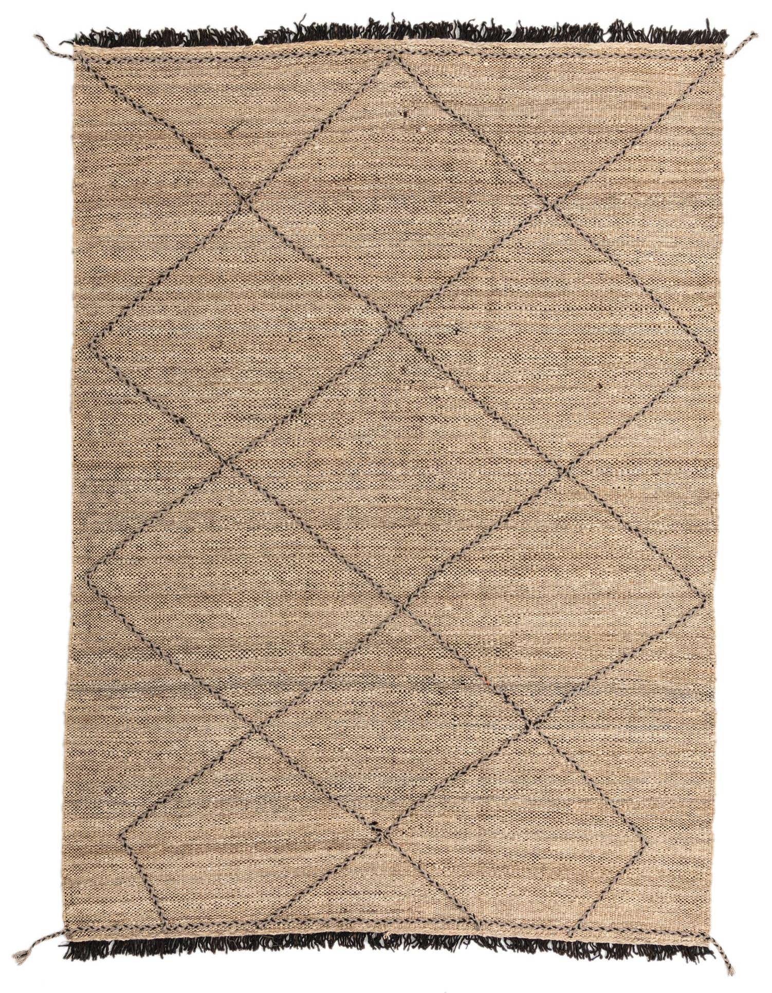 A 6x9 rectangular Moroccan tribal rug in natural brown and tan wool with a black diamond pattern and fringed edges.