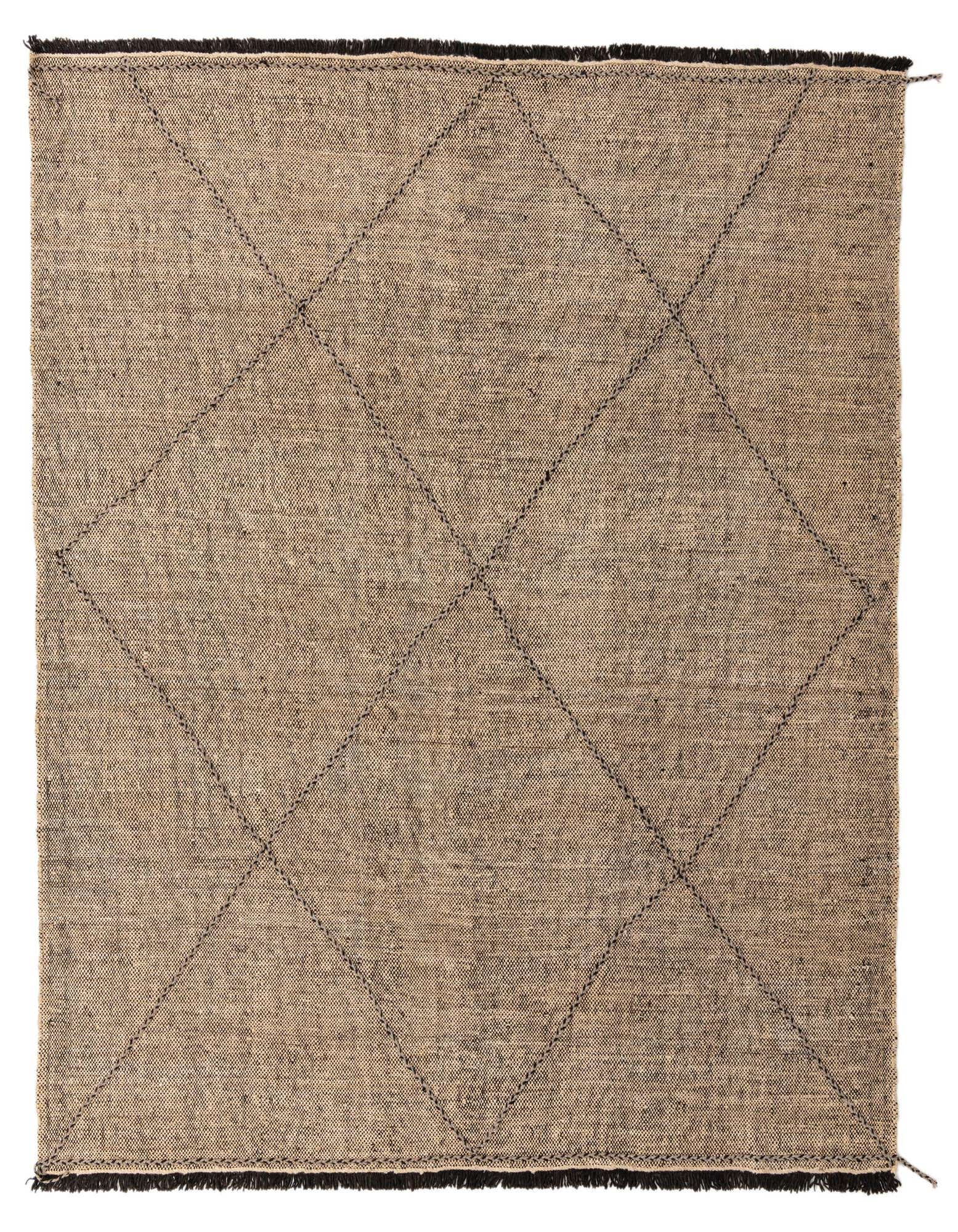 An 8x10 rectangular brown tribal wool shag rug with a diamond pattern and dark fringed edges, perfect for a modern living room.