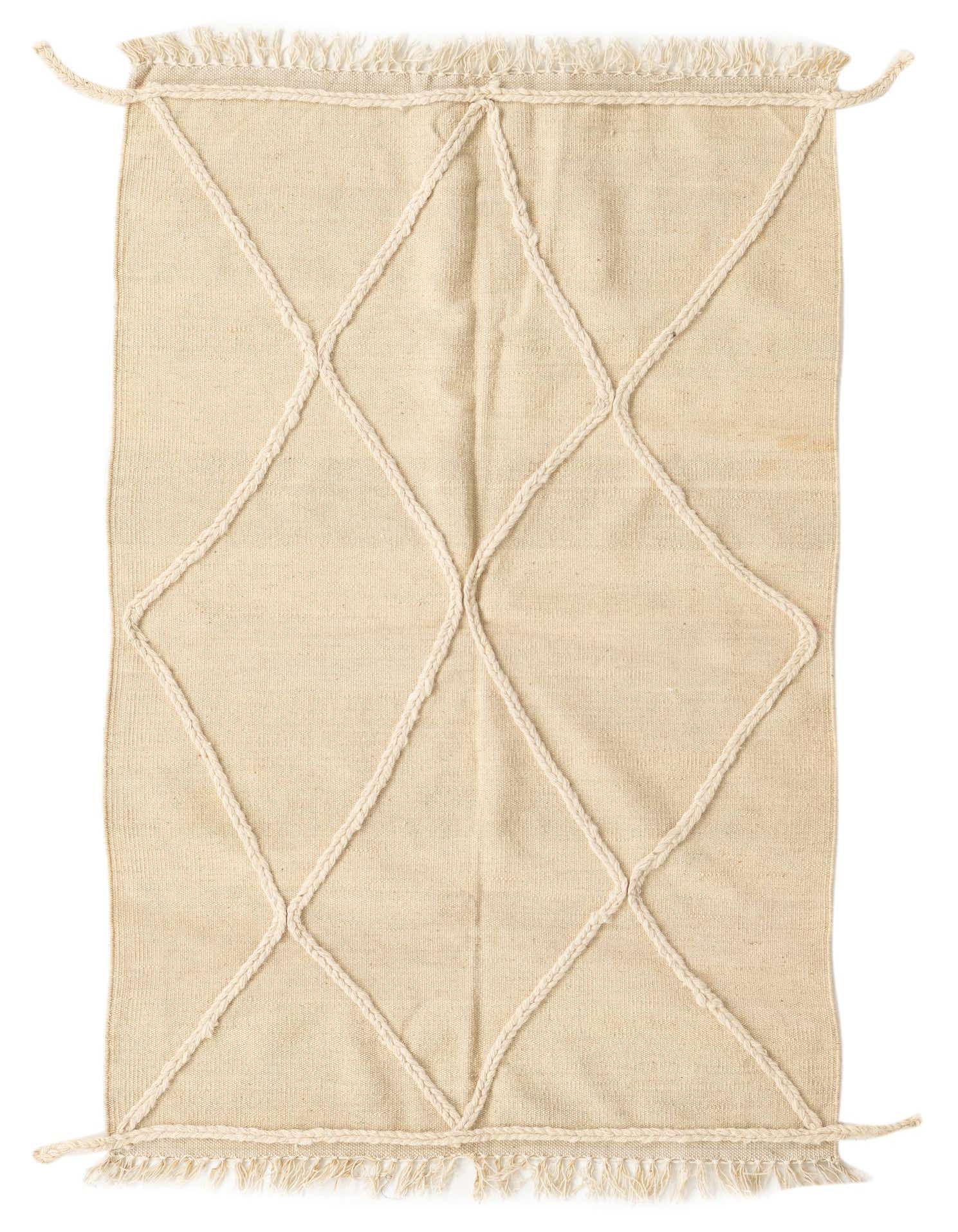 A 3x5 rectangular Rugs.com Moroccan tribal rug in natural ivory and tan wool with a shag pile and braided diamond pattern.
