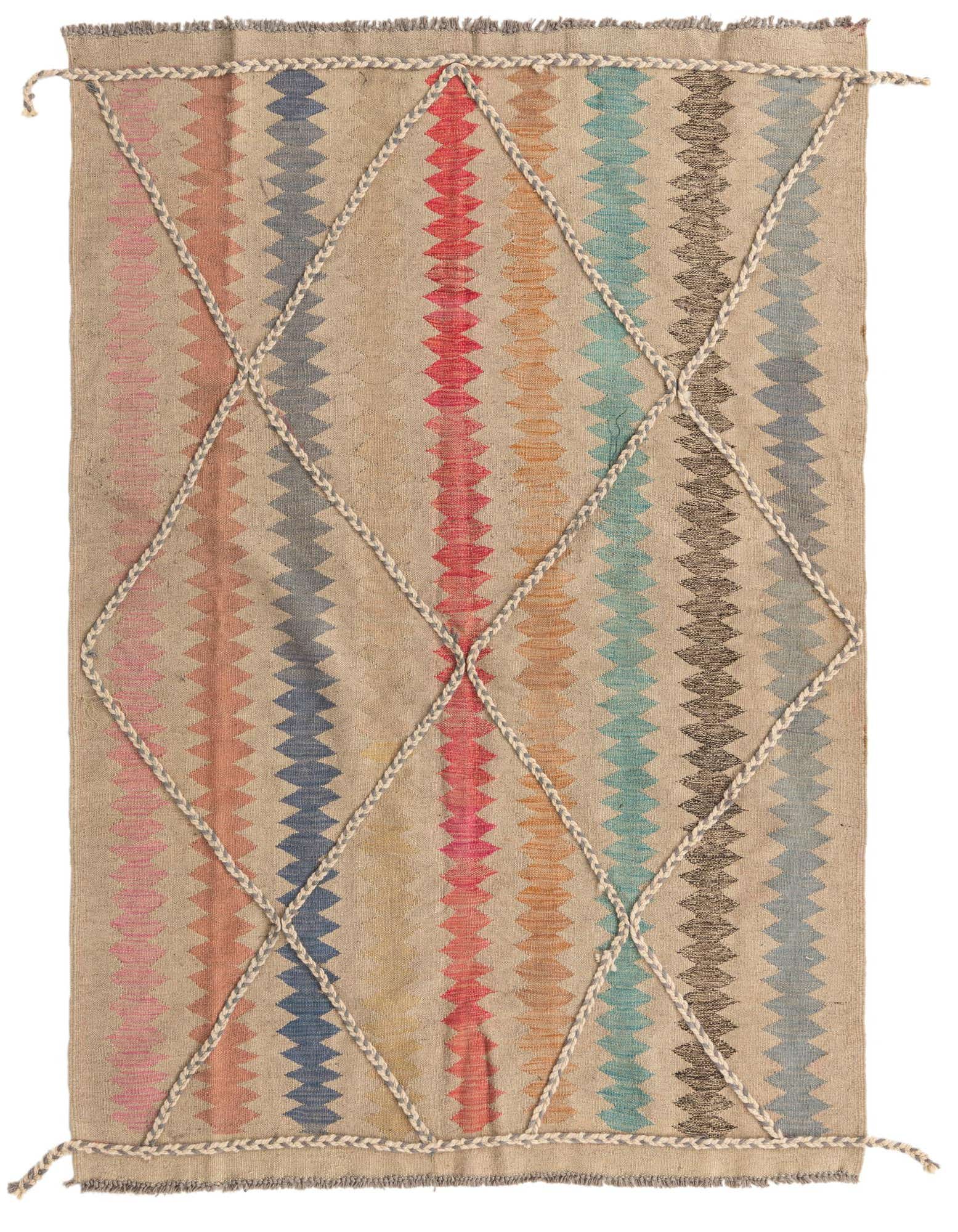 A 4x6 rectangular brown wool shag rug with colorful tribal zig-zag stripes in pink, blue, red, orange, and teal, overlaid with a cream braided diamond pattern.