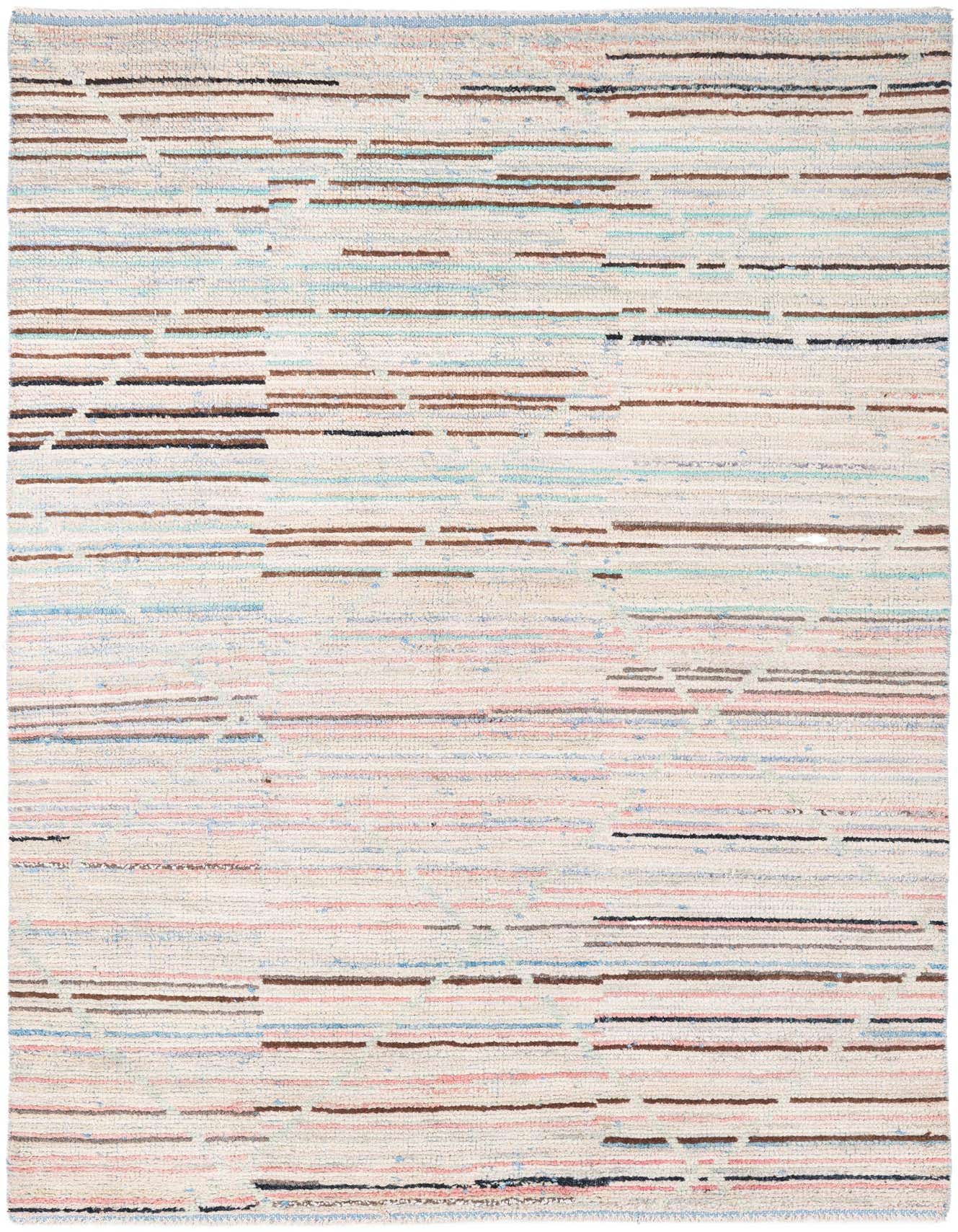 A 6x9 rectangular Moroccan shag rug with a cream background and modern tribal stripes in brown, tan, and light blue.