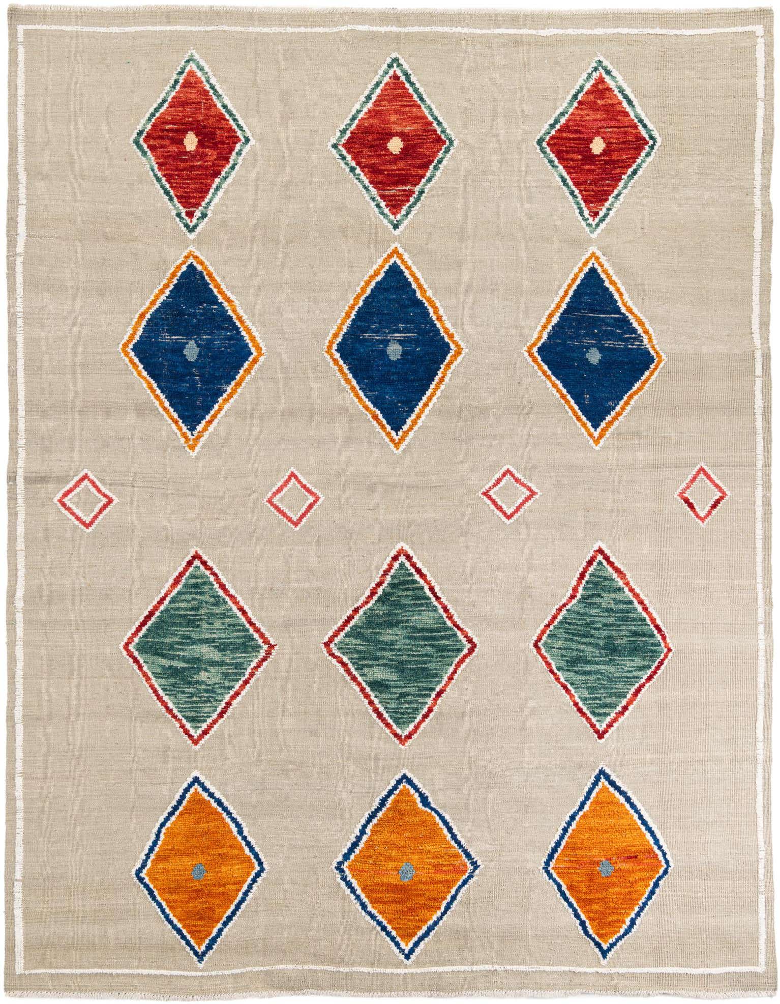 An 8x11 rectangular shag rug featuring a light brown and cream background with colorful tribal diamond patterns in red, blue, green, and orange.