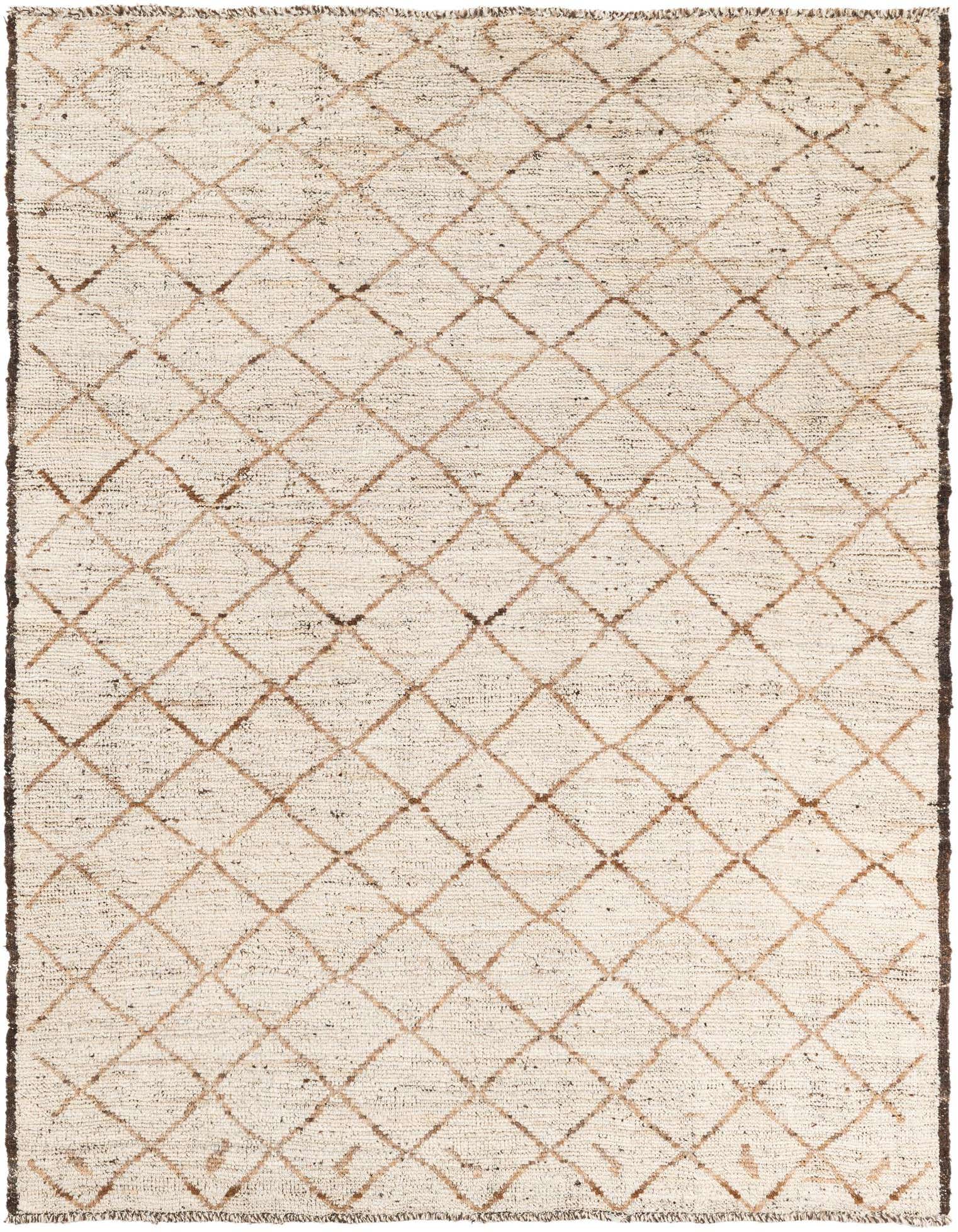 A 5x8 rectangular Moroccan shag rug in cream with a brown tribal diamond pattern, perfect for a living room.