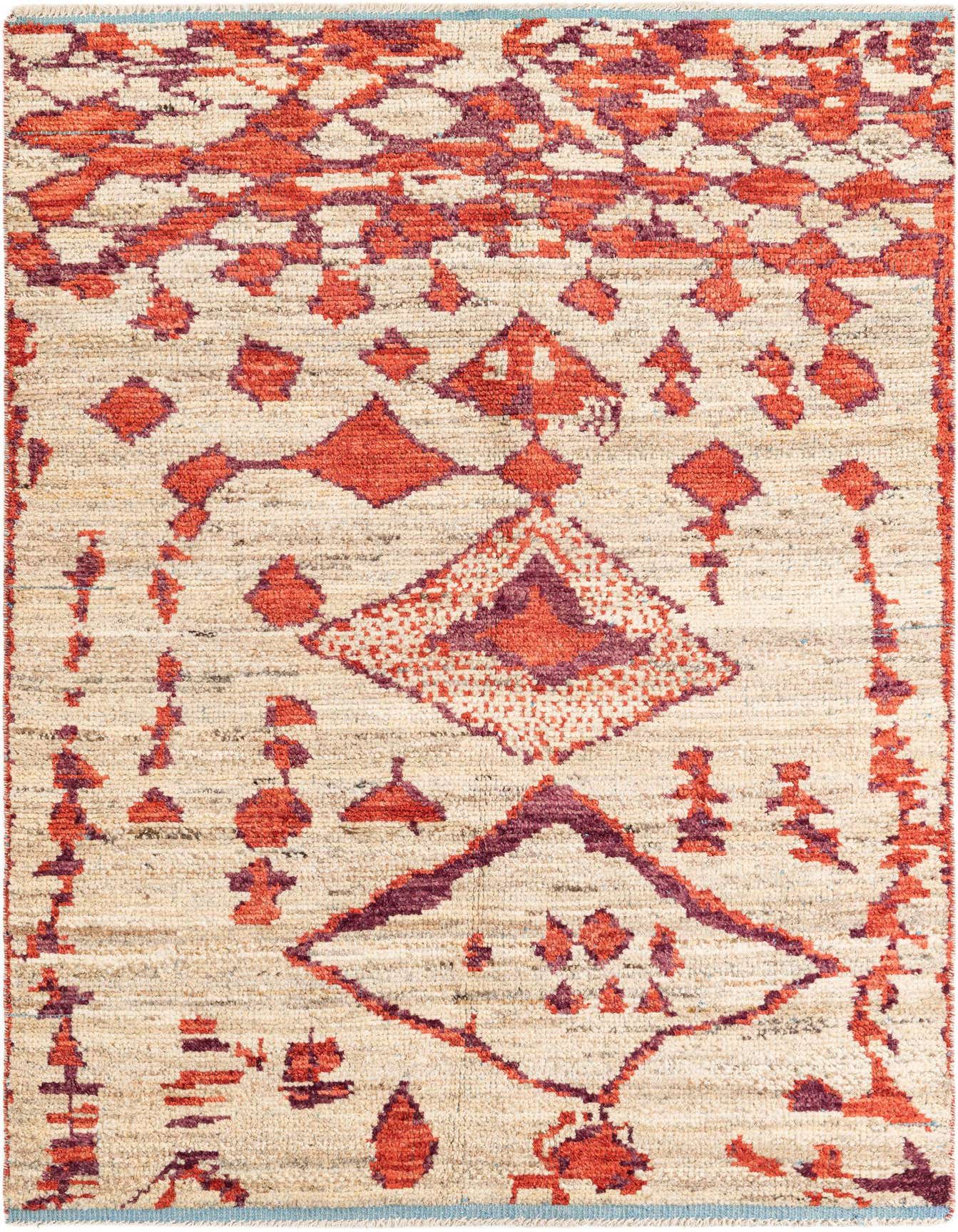 A 5x8 rectangular Moroccan shag rug with a tribal pattern in browns, tans, and creams, perfect for a living room.