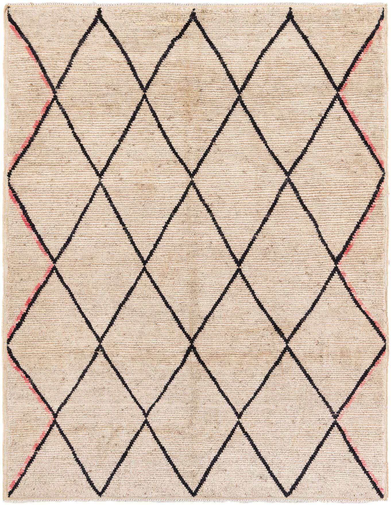 A 5x8 rectangular Moroccan shag rug with a cream and tan base and a black tribal diamond pattern, accented with subtle pink edges.