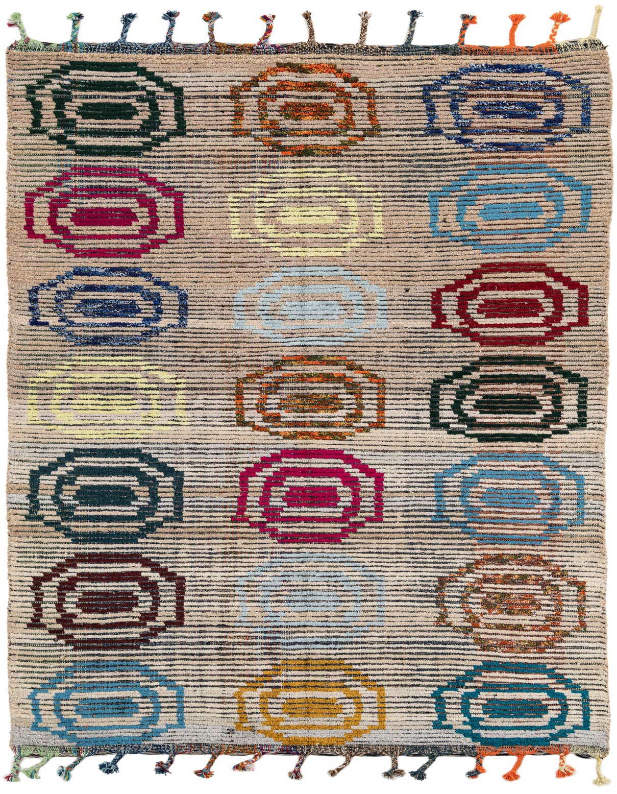 A 5x8 rectangular Moroccan shag rug with a brown and cream base, featuring colorful tribal geometric patterns and braided tassels.