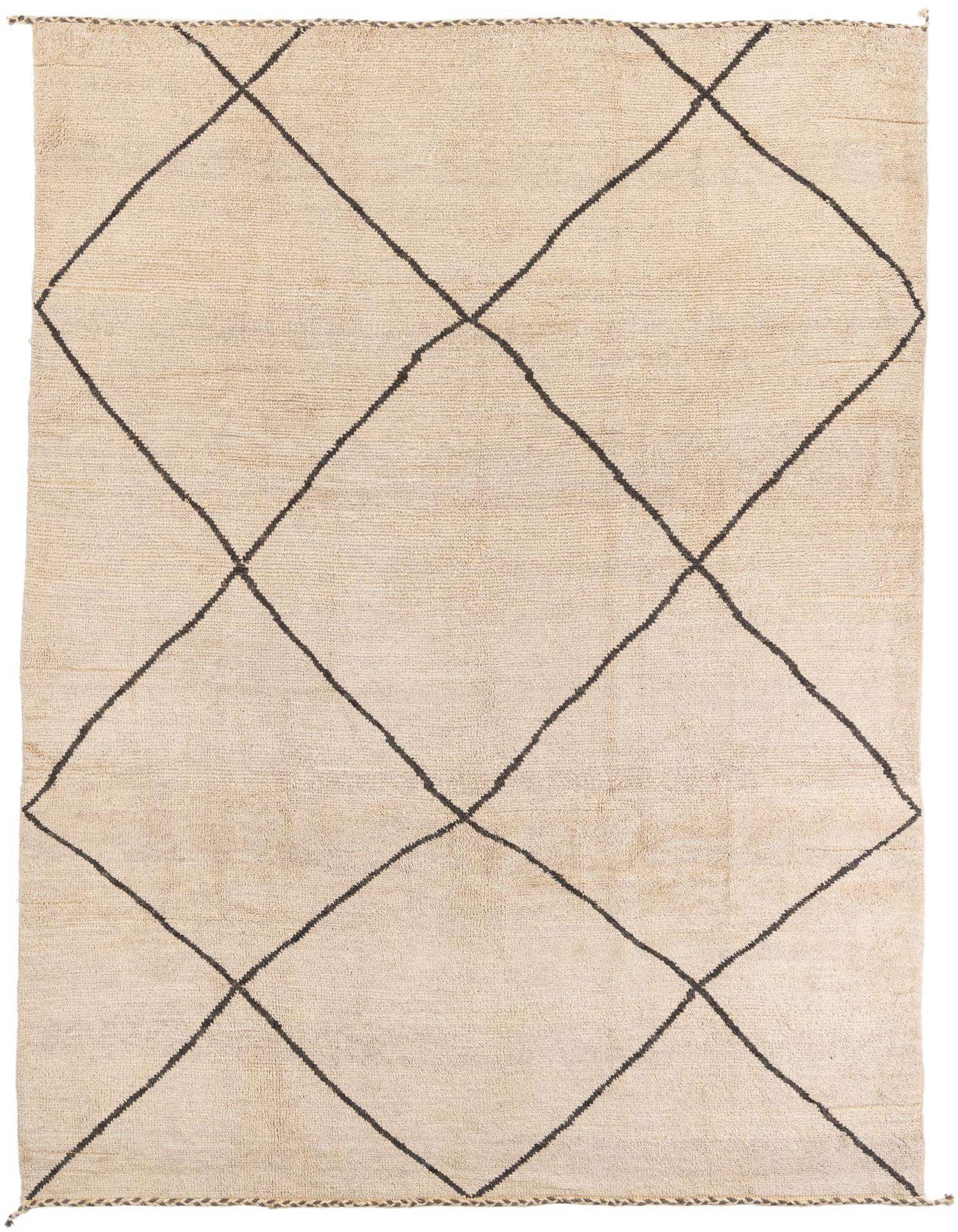 A rectangular 8x12 Moroccan shag rug in natural ivory with a bold brown tribal diamond pattern.