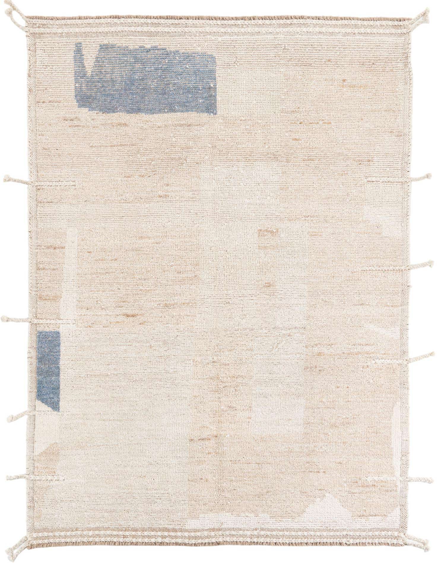 A 5x8 rectangular Moroccan shag rug with abstract tribal patterns in brown, tan, and cream tones.