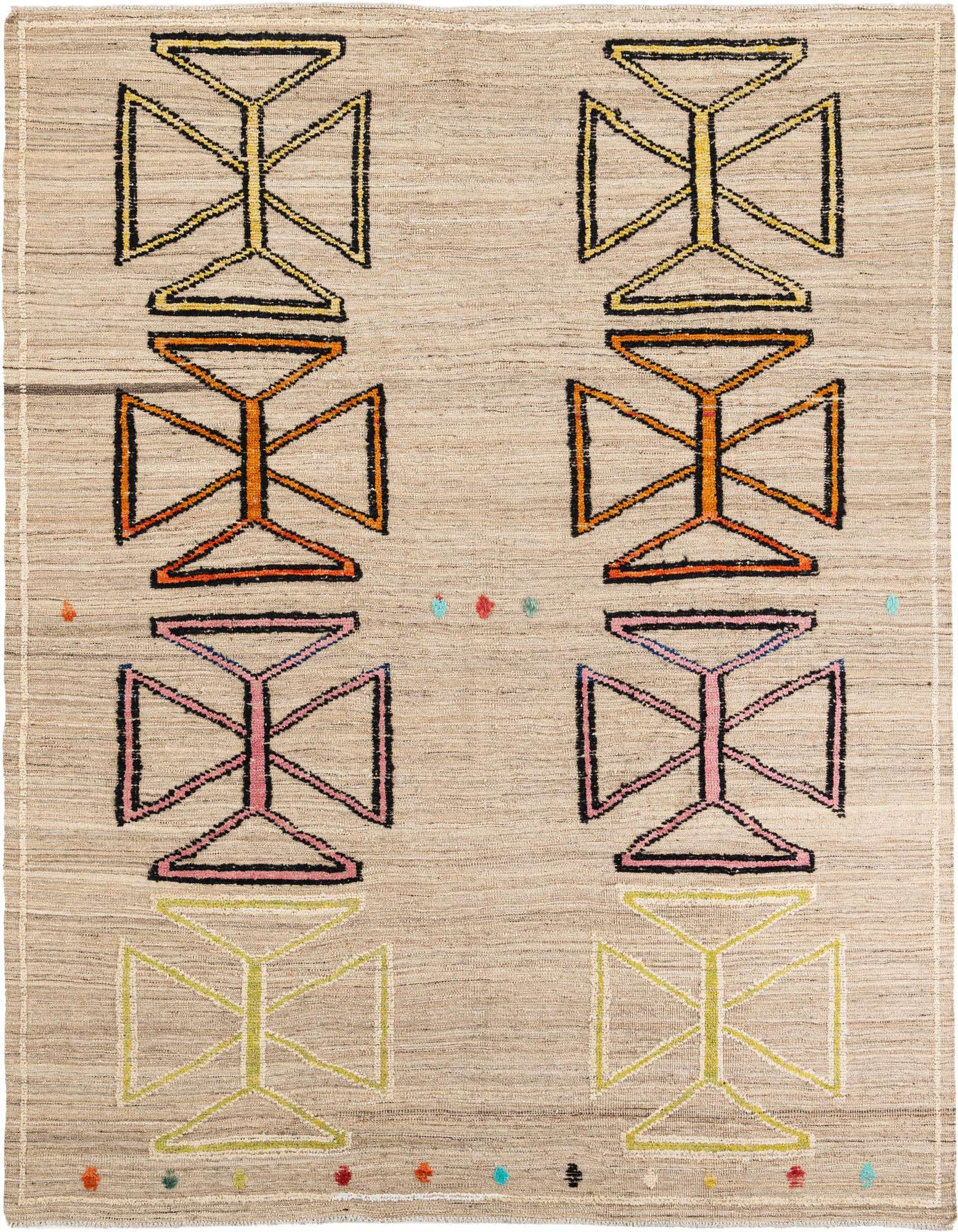 An 8x11 rectangular shag rug with a light brown and cream base, featuring colorful tribal abstract patterns in yellow, orange, pink, and lime green.