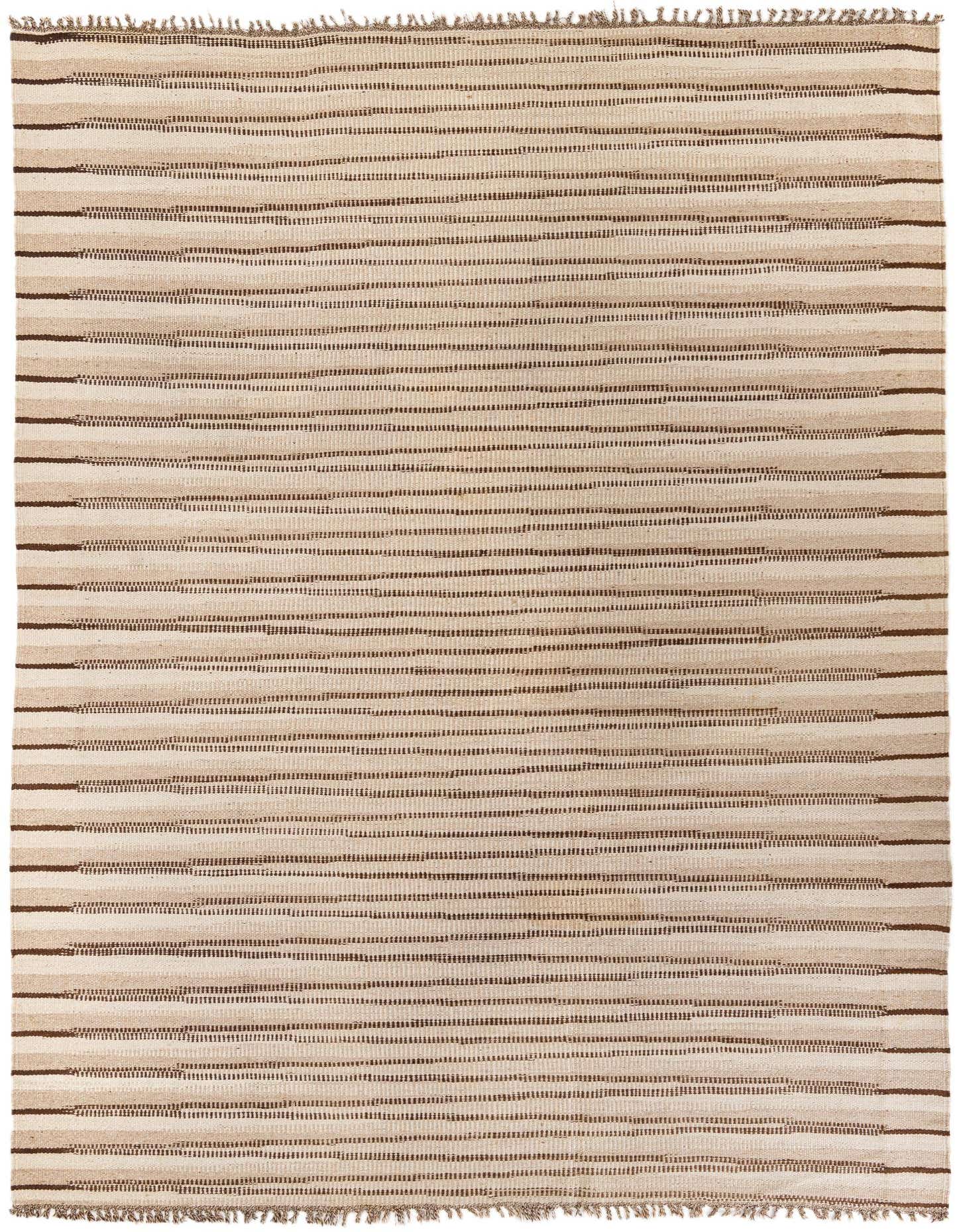 A rectangular 8x11 Moroccan shag rug in varying shades of brown, tan, and cream with horizontal stripes, featuring visible fringe.