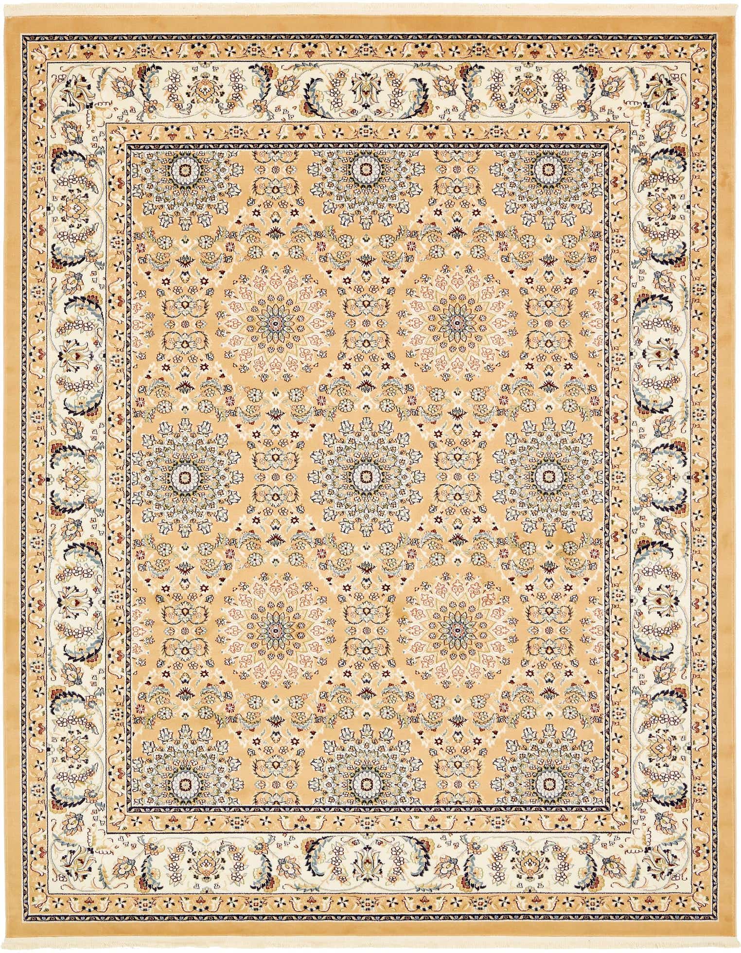 An 8x10 rectangular traditional rug with a tan and ivory botanical pattern, featuring a high-low pile.