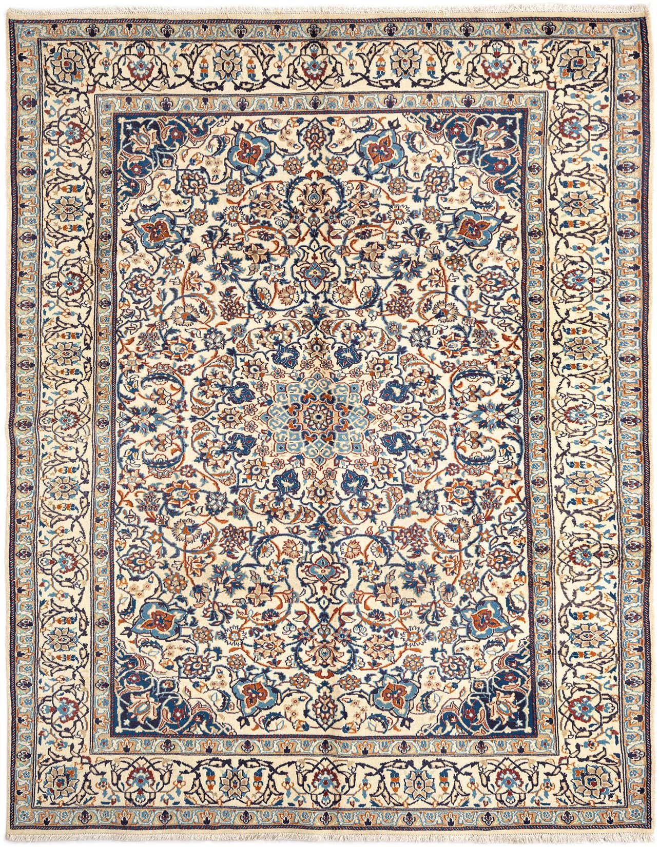 A 6x9 rectangular Persian rug with a cream background, intricate floral patterns in blue and brown, and a detailed border.