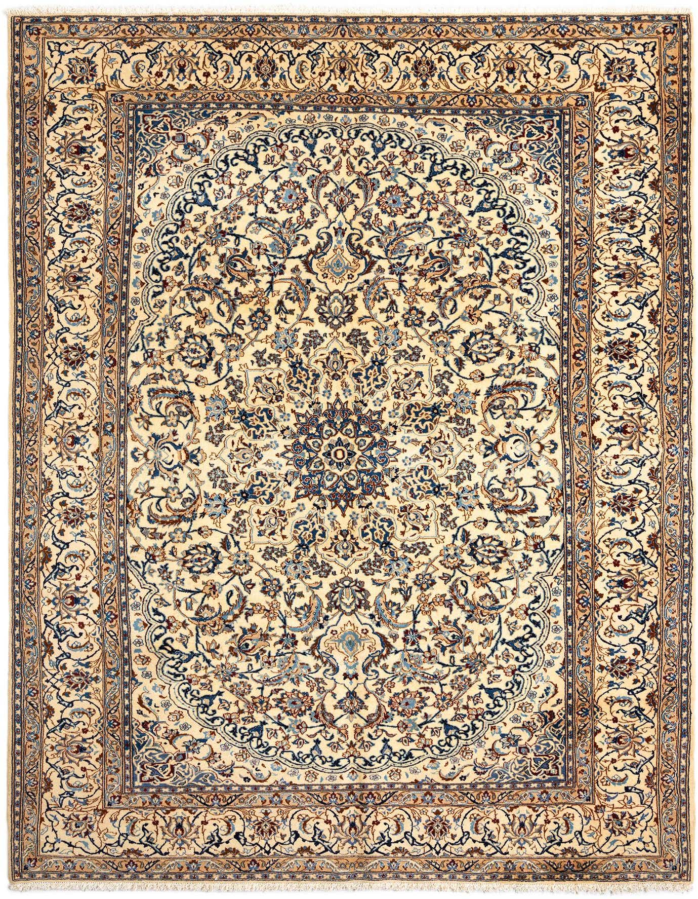 A 7x10 rectangular Persian rug in cream and ivory with intricate blue and brown floral patterns, suitable for a living room.