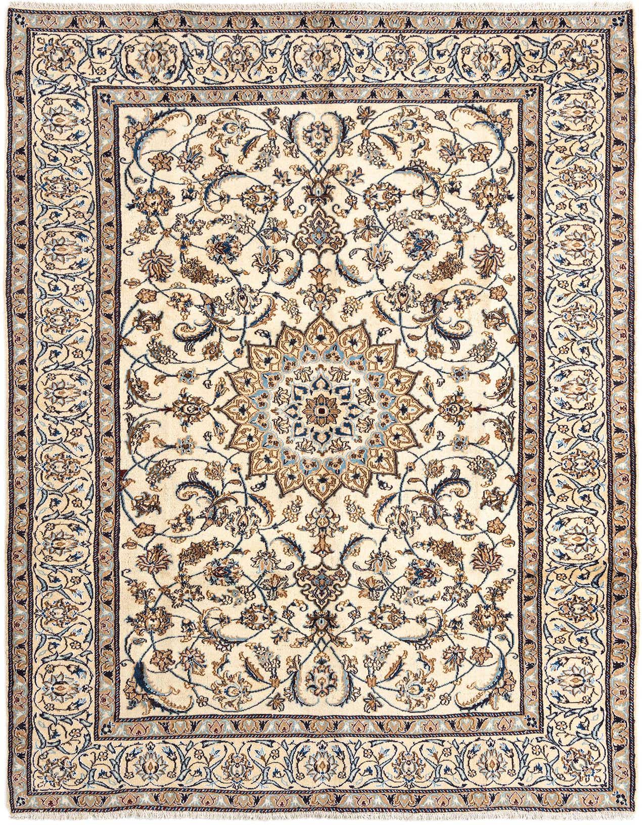 A 6x9 rectangular Persian rug with an ivory field, intricate floral patterns, and a central medallion in blues and browns.