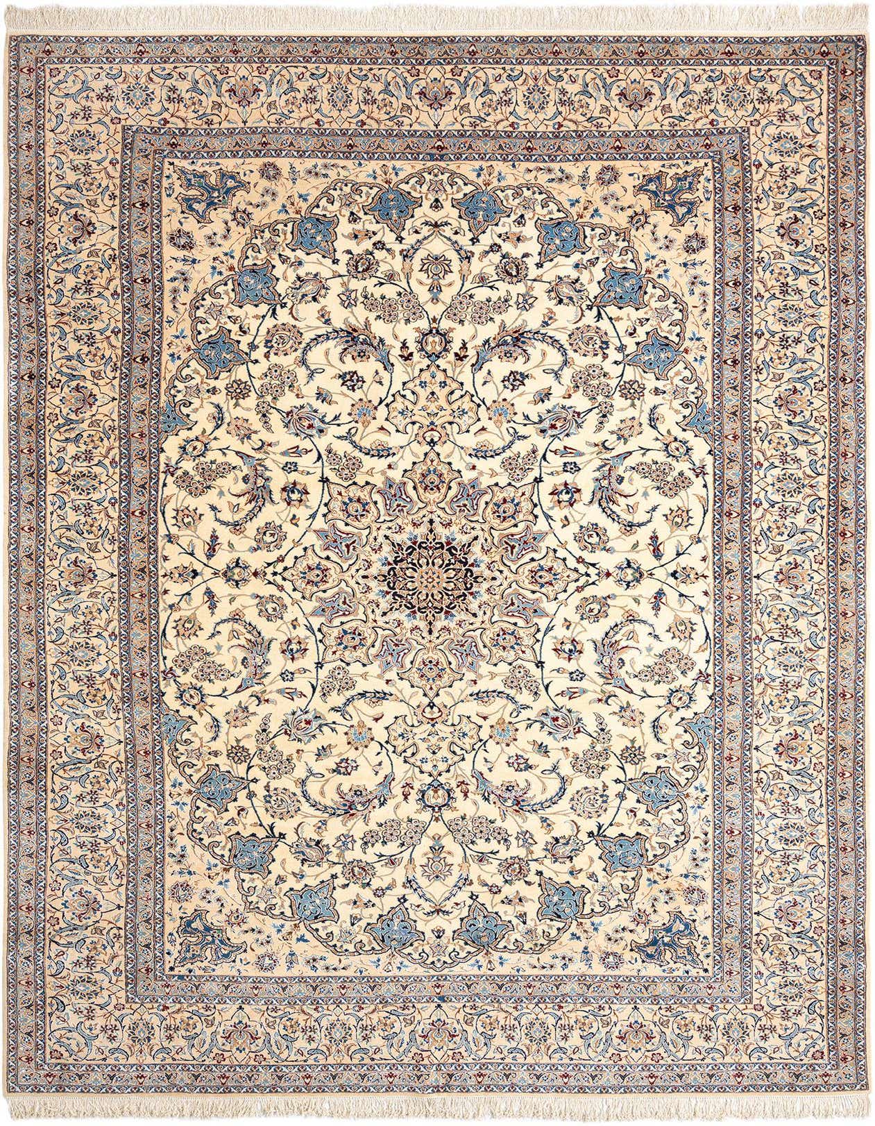An 8x11 rectangular Persian rug featuring an intricate floral medallion pattern in ivory, cream, and various shades of blue and brown, with delicate fringe.