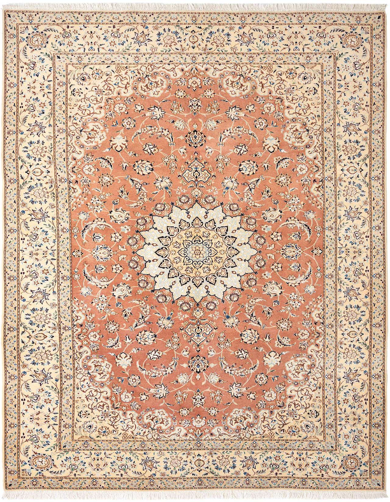 A 6x9 rectangular Persian rug with a central medallion, featuring a brown field with ivory and blue floral patterns, and an ivory border.