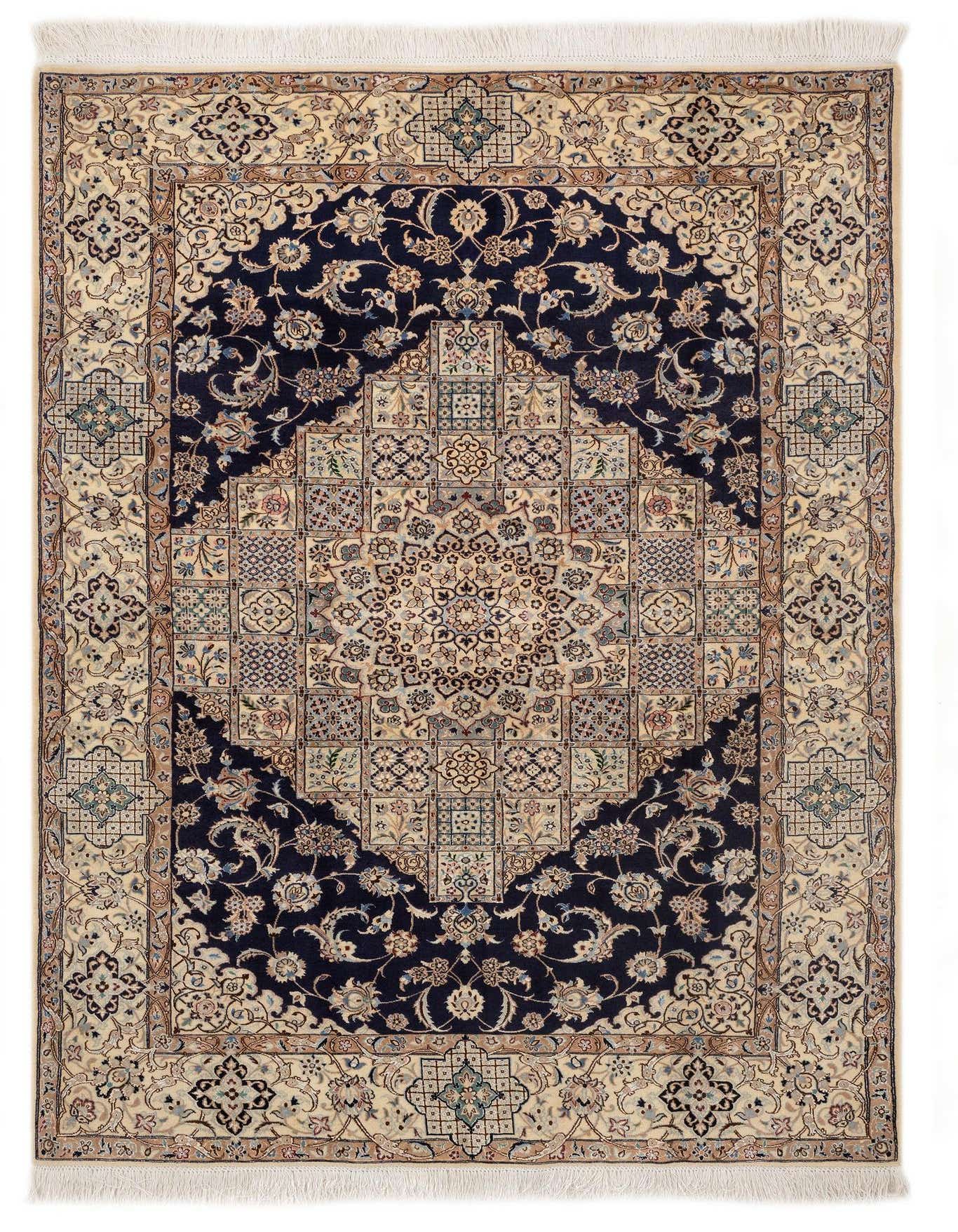 A 4x6 rectangular Persian rug featuring a central medallion and intricate floral patterns in navy blue, ivory, and tan.