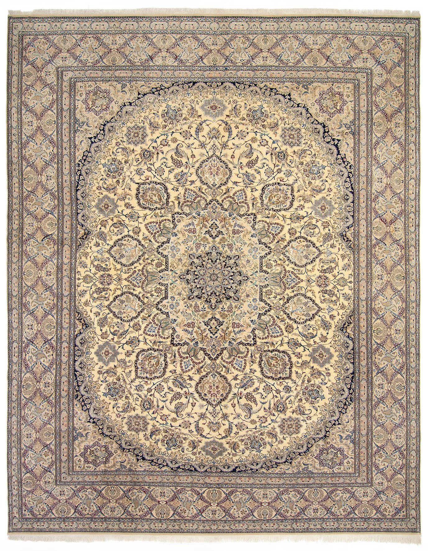A 10x13 rectangular Persian rug with an ivory and cream background, featuring intricate brown and tan floral patterns and a central medallion.