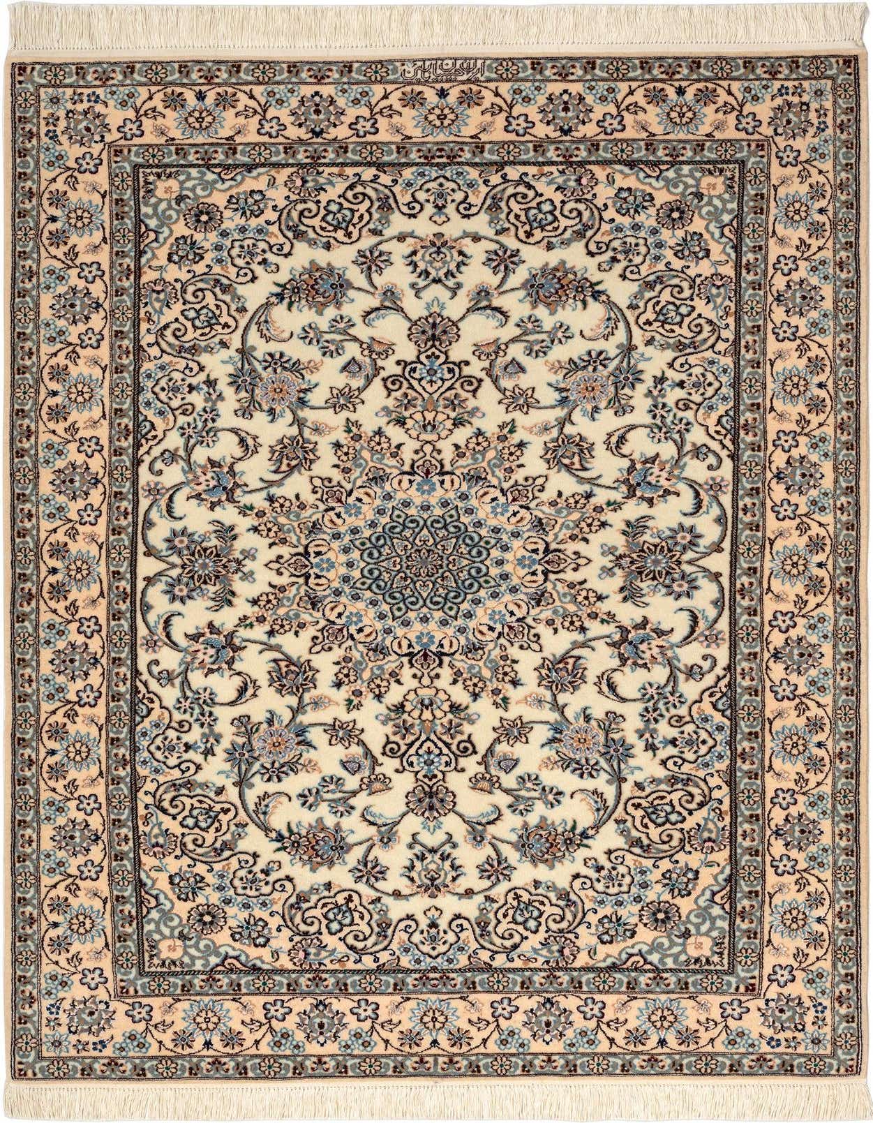 A rectangular 3x5 Persian rug with a cream and tan background, featuring intricate floral and medallion patterns in shades of blue, brown, and ivory.