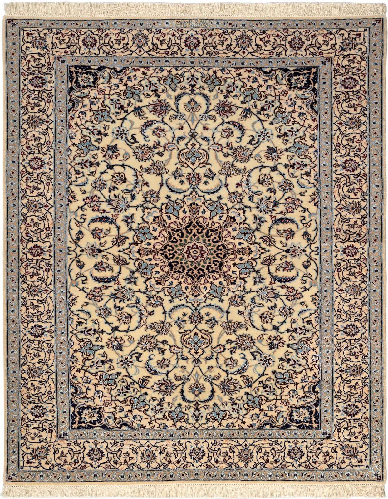 A 3x5 rectangular Persian rug with a cream background, intricate floral patterns in blue and brown, and a detailed border.