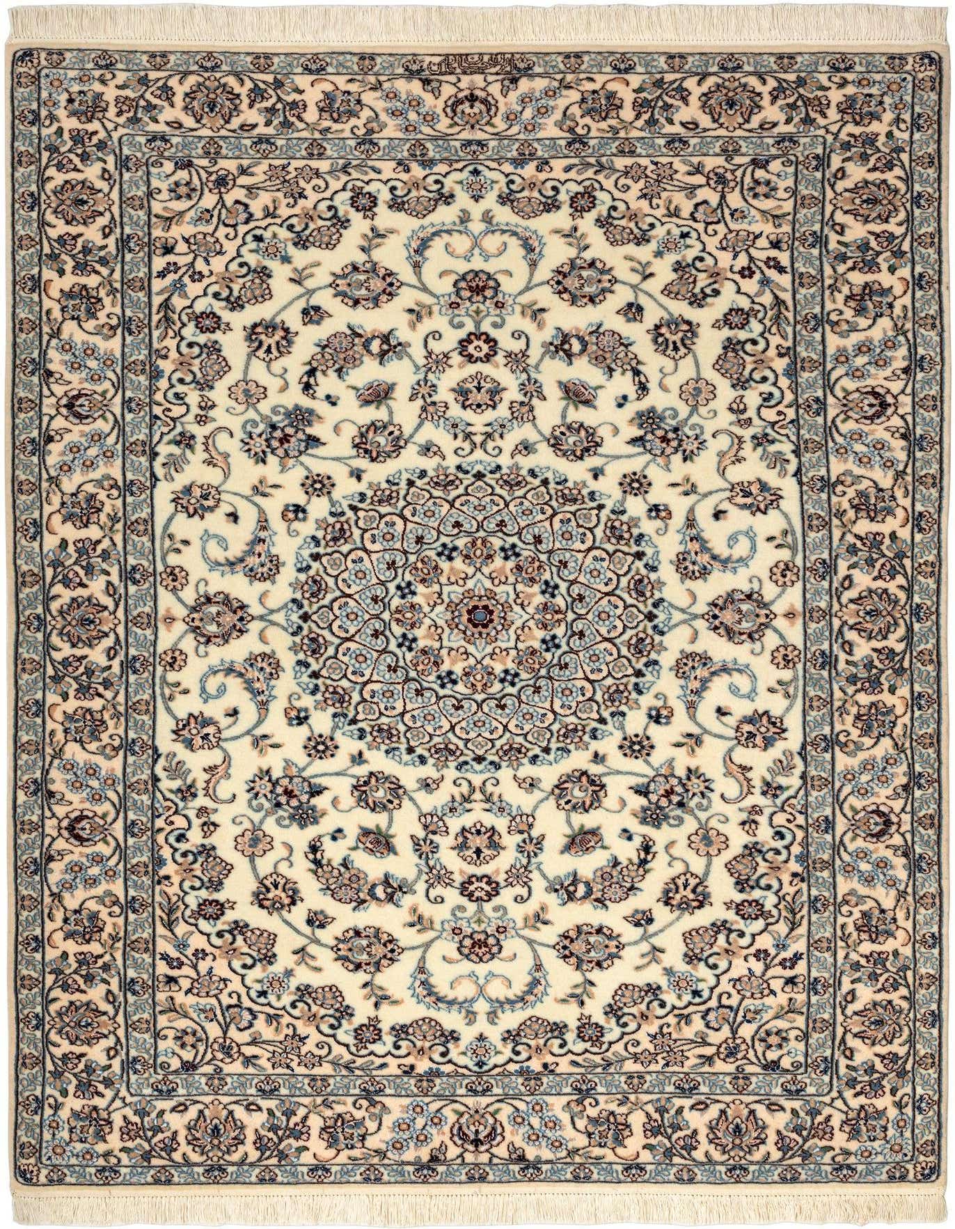 A 4x6 rectangular handmade Persian rug with a cream background, intricate brown and blue floral patterns, and a central medallion.