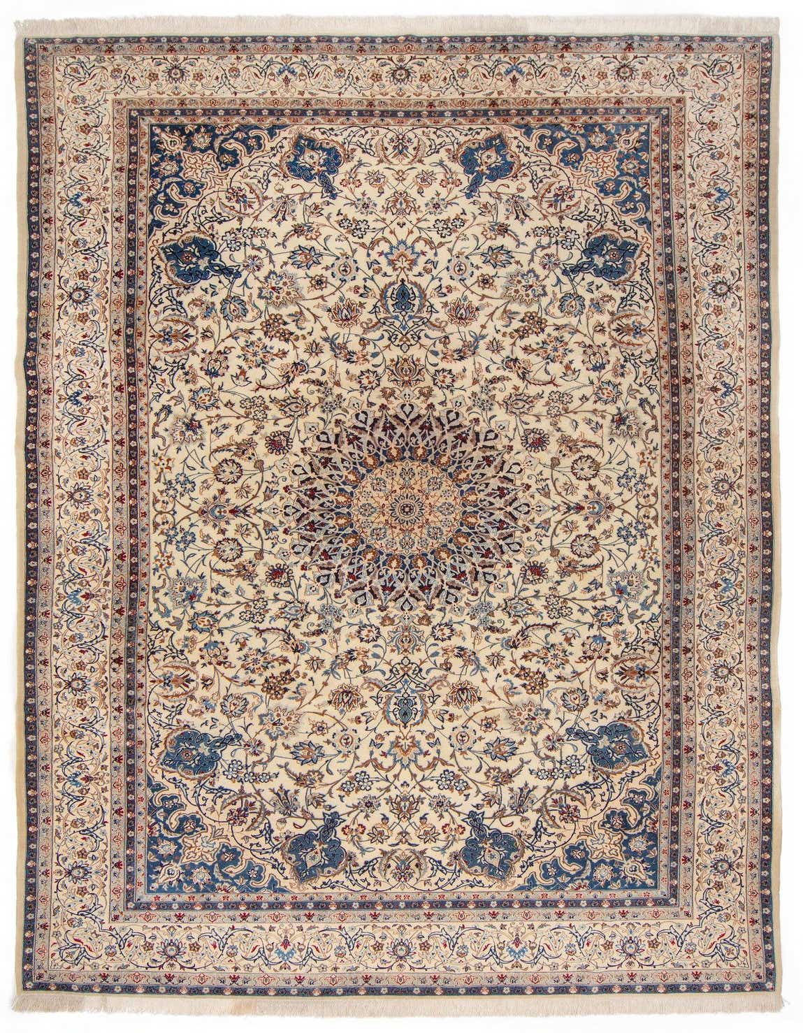An 8x11 rectangular Persian rug with a cream field, intricate floral patterns in blue and brown, and a detailed border.