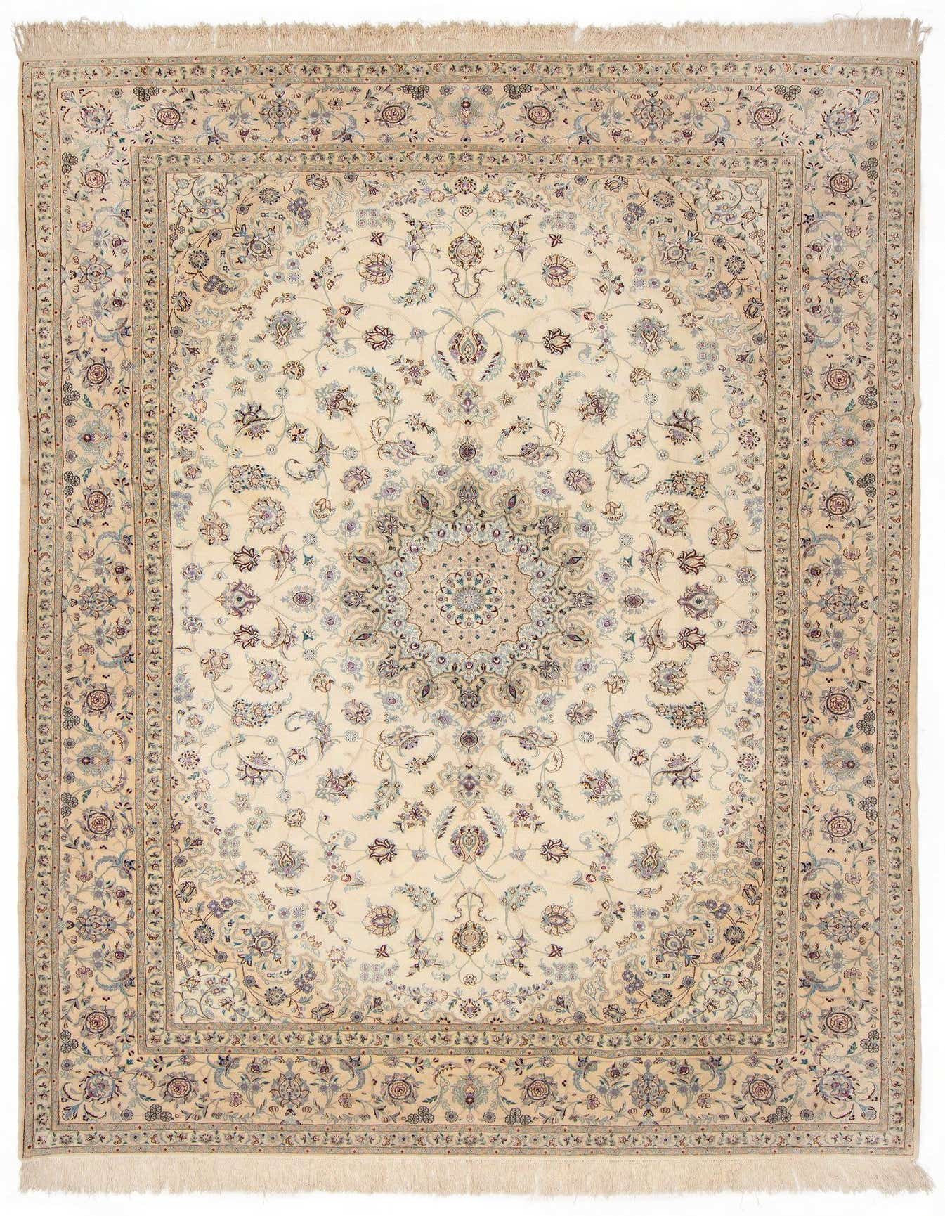 An 8x11 rectangular Persian rug in cream and tan with a central medallion and intricate floral patterns, ideal for a living room.