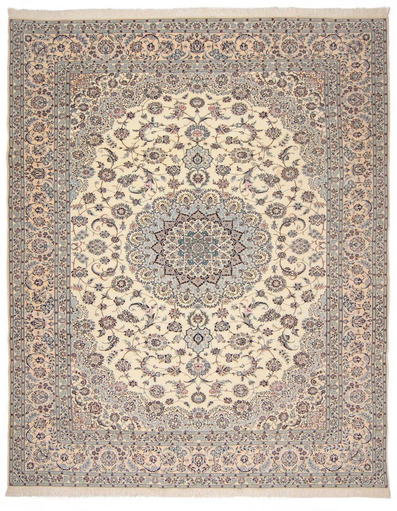 An 8x11 rectangular Persian rug in cream and brown, featuring an intricate floral medallion pattern and decorative border.