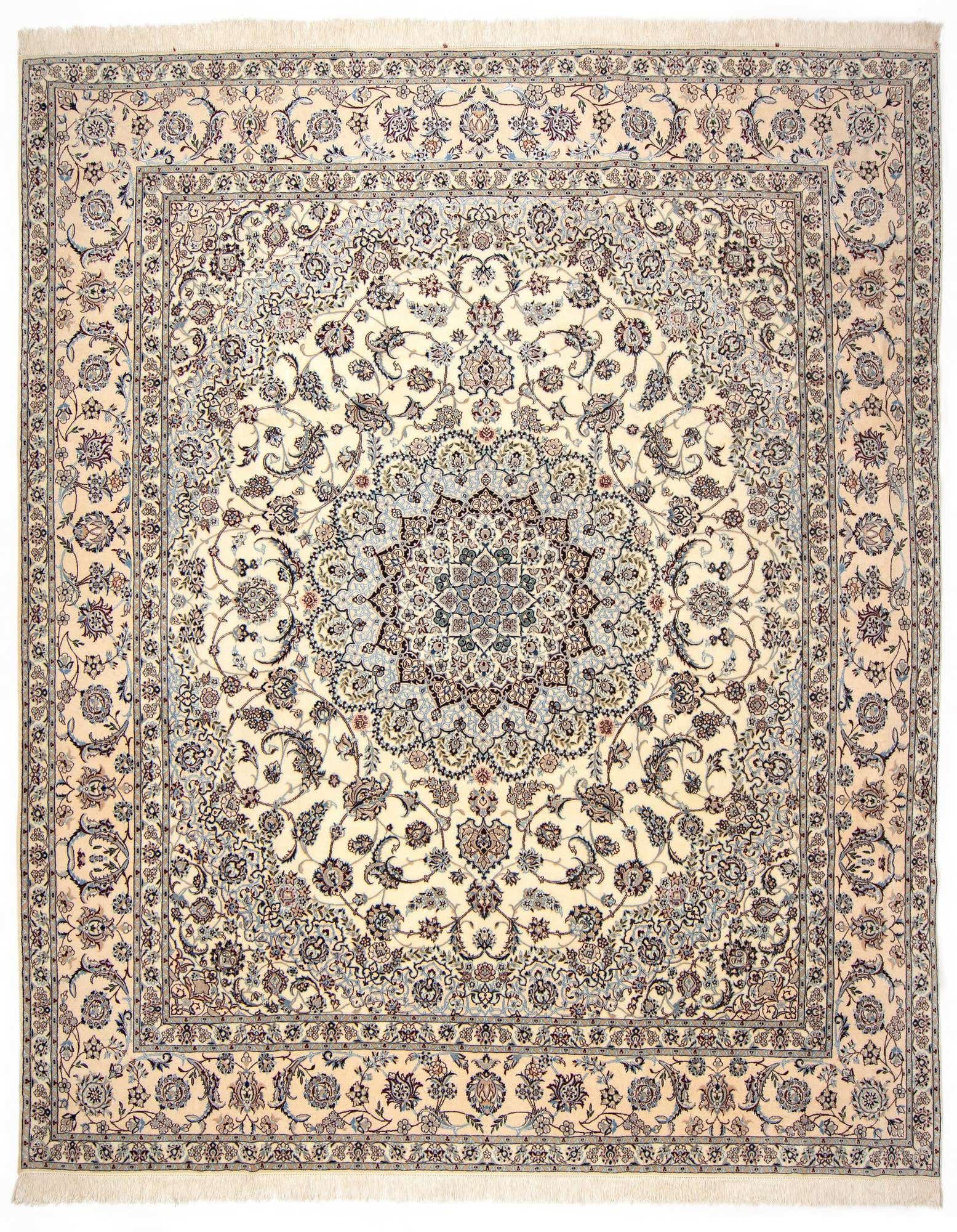 An 8x10 rectangular Persian rug in cream and brown, featuring a detailed floral medallion and border.