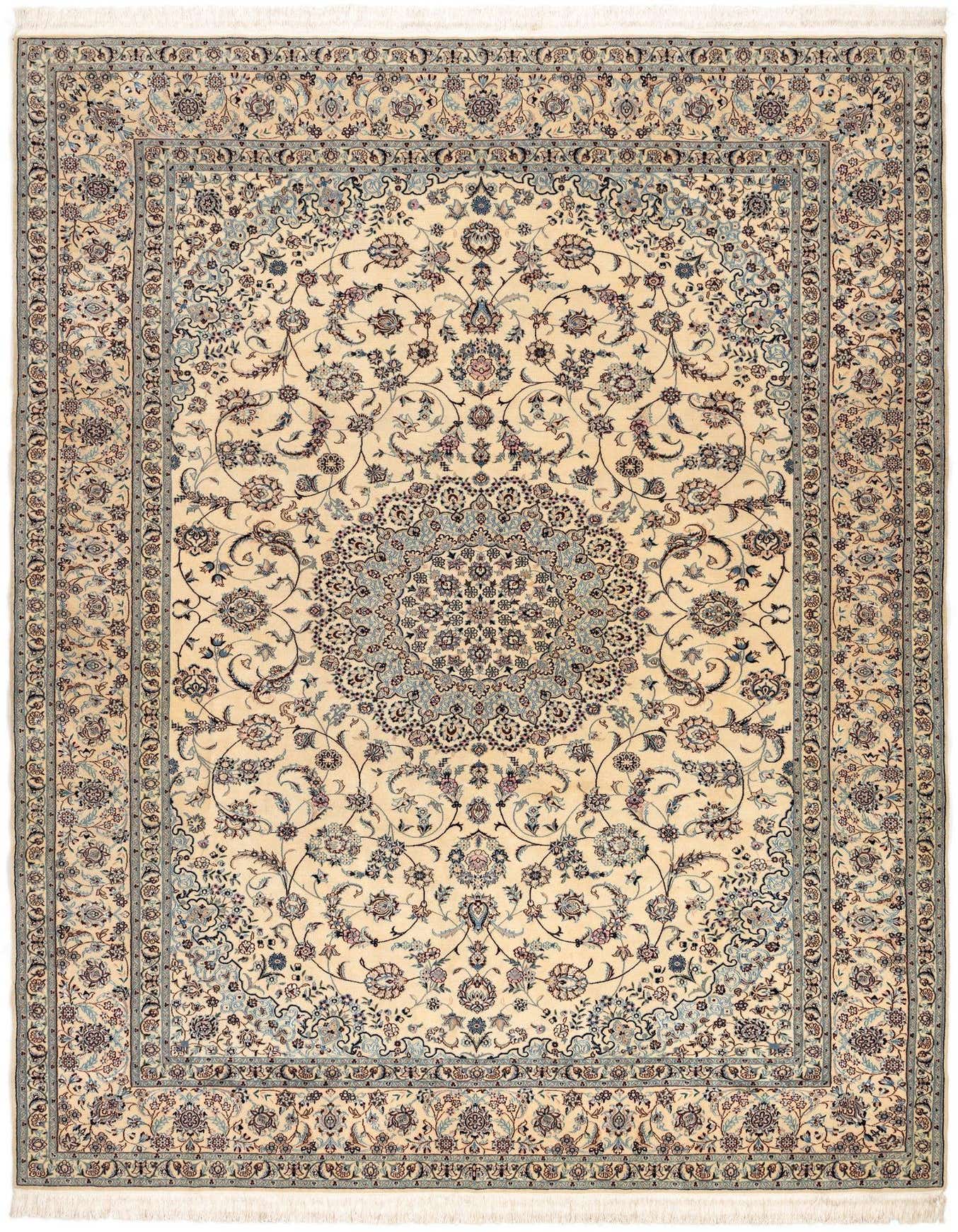 A 7x10 rectangular Persian rug in cream and tan with a detailed floral medallion pattern and border.