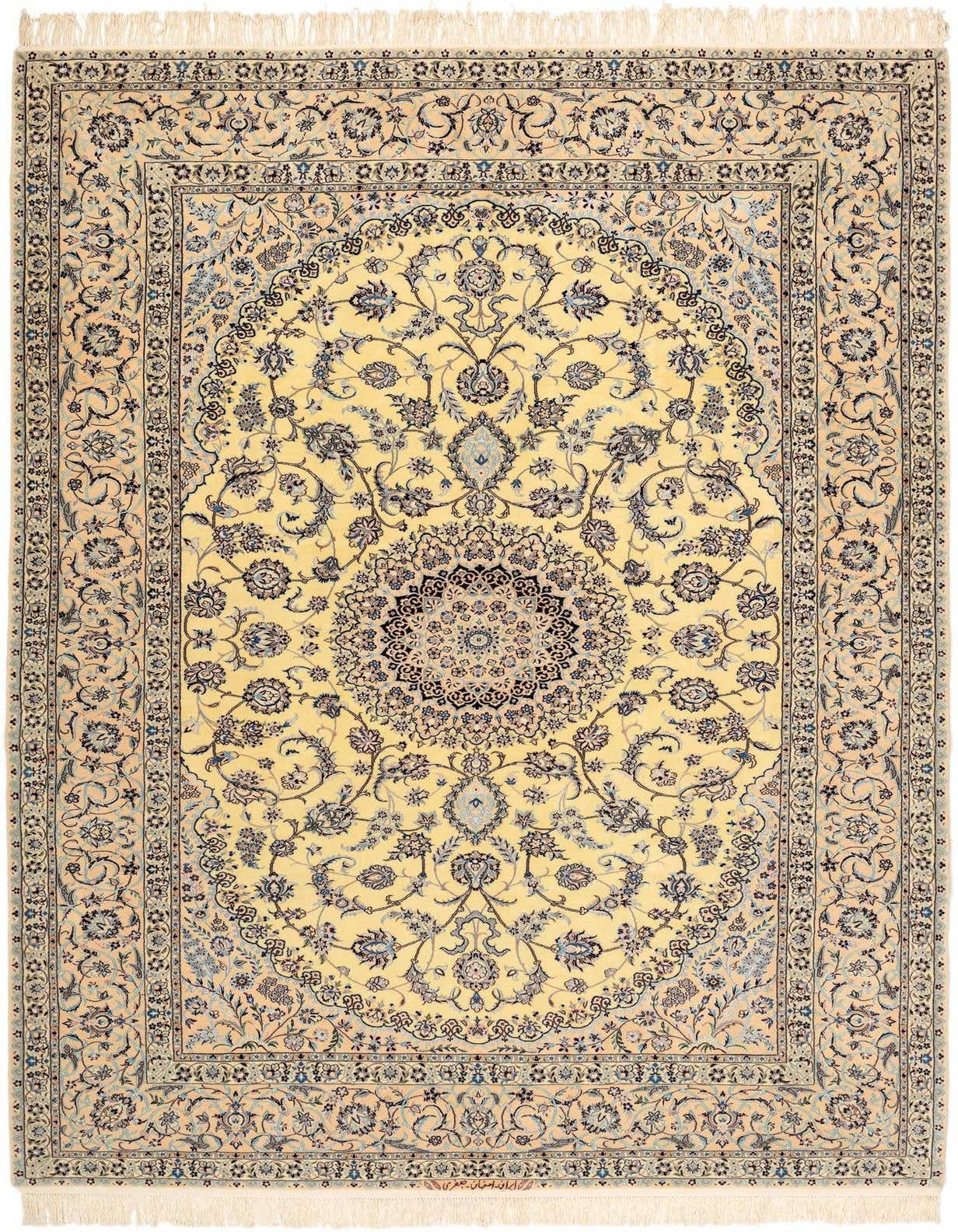 A 6x9 rectangular Persian rug with a cream background, intricate floral medallion, and tan and blue accents.