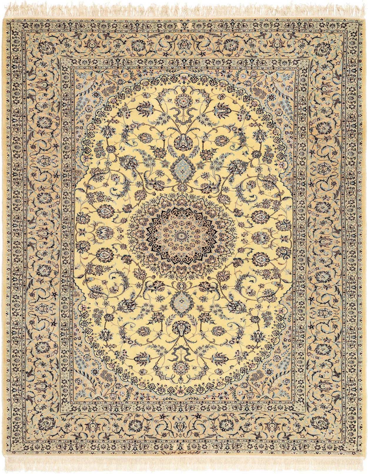 A 6x9 rectangular Persian rug in ivory and tan, featuring an intricate floral medallion pattern, ideal for a living room.