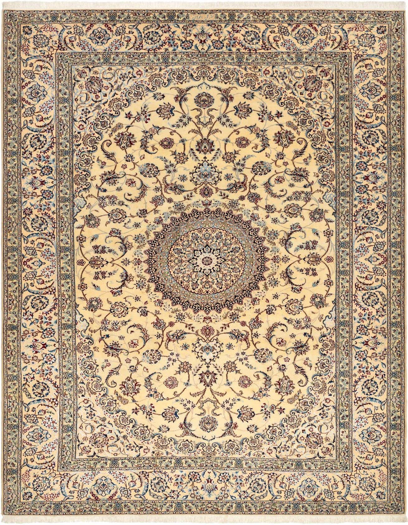 A 7x10 rectangular Rugs.com Nain Persian rug in cream and brown with intricate floral patterns.