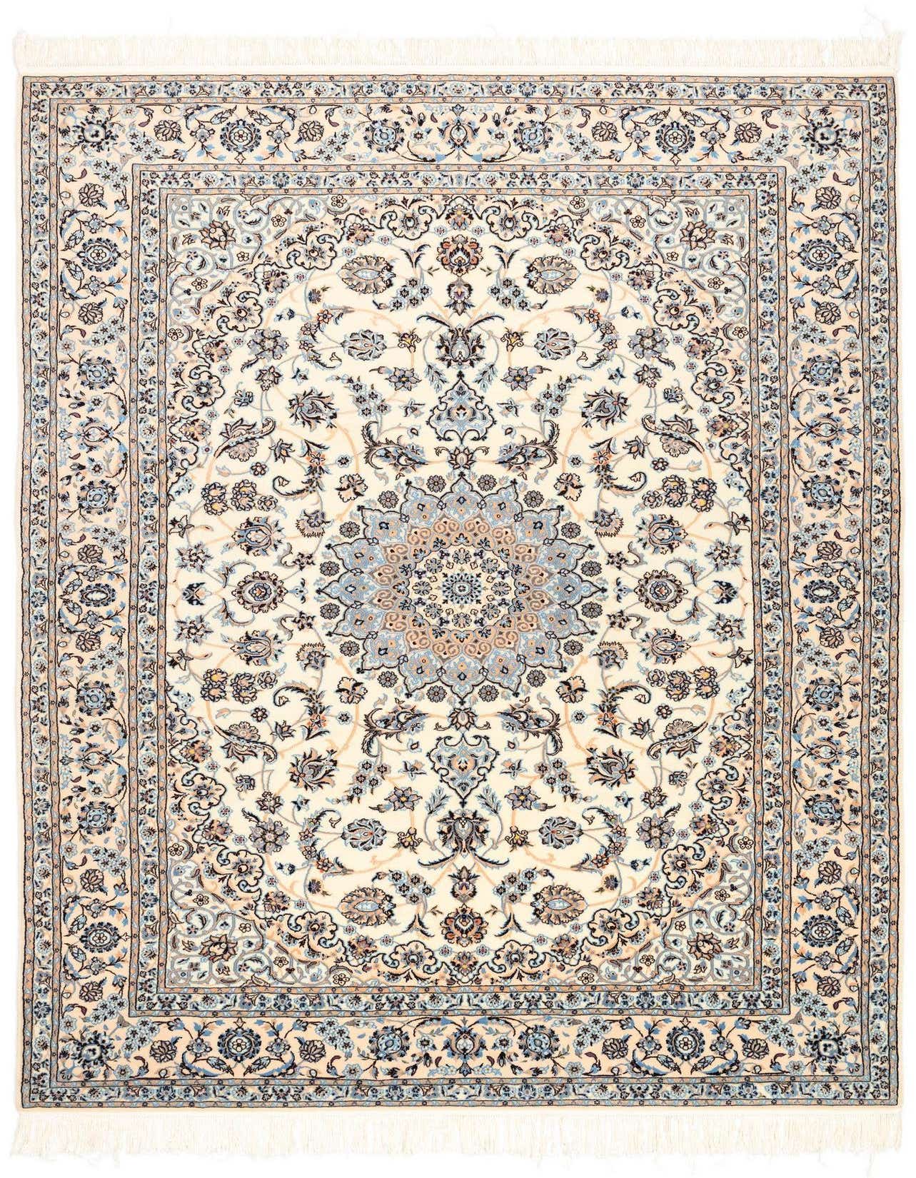 A 7x10 rectangular Persian rug with a central medallion and intricate floral patterns in ivory, cream, and brown.