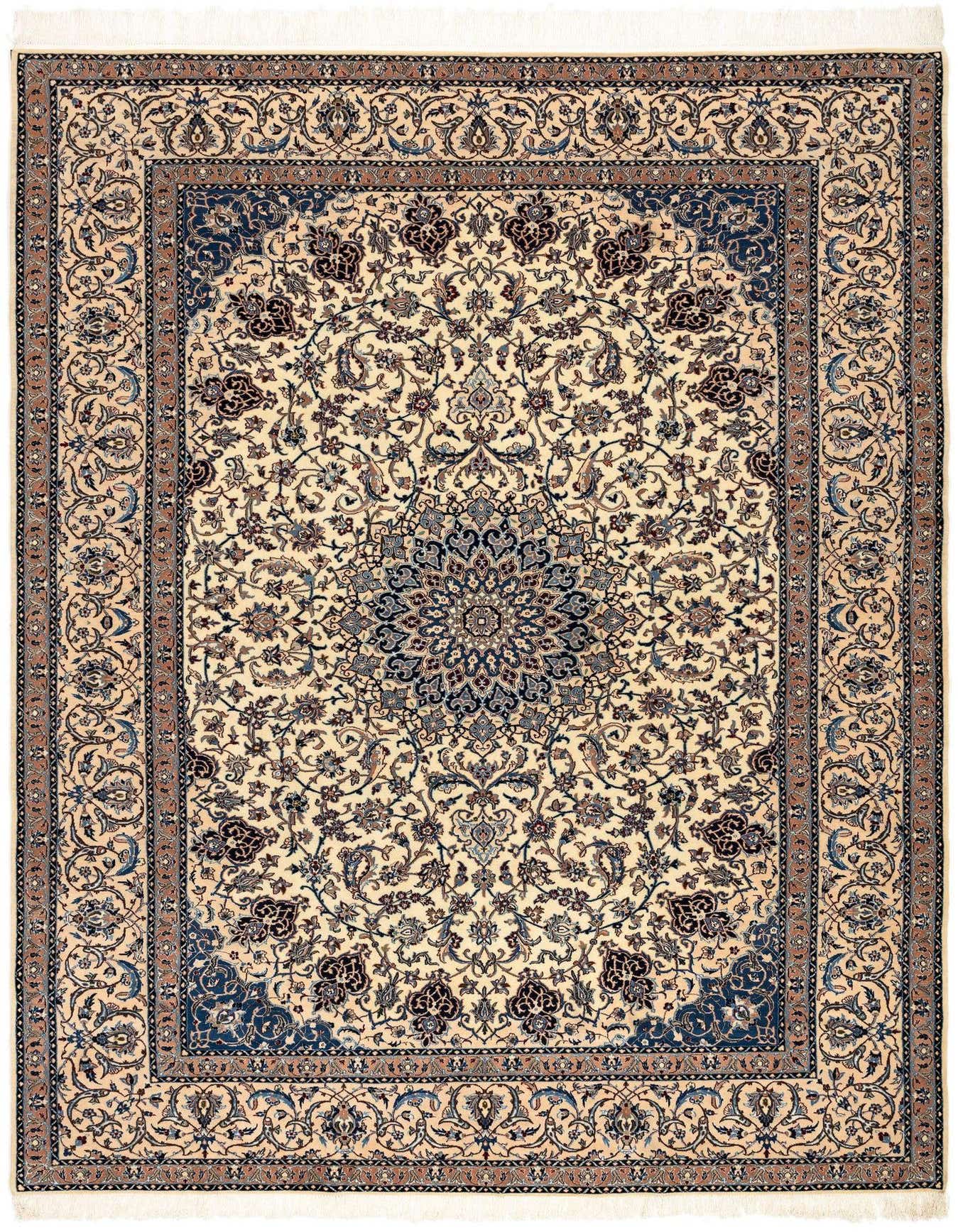 A 6x9 rectangular Rugs.com Nain Persian rug with a cream field, intricate brown and ivory floral patterns, and a central medallion, ideal for a living room.