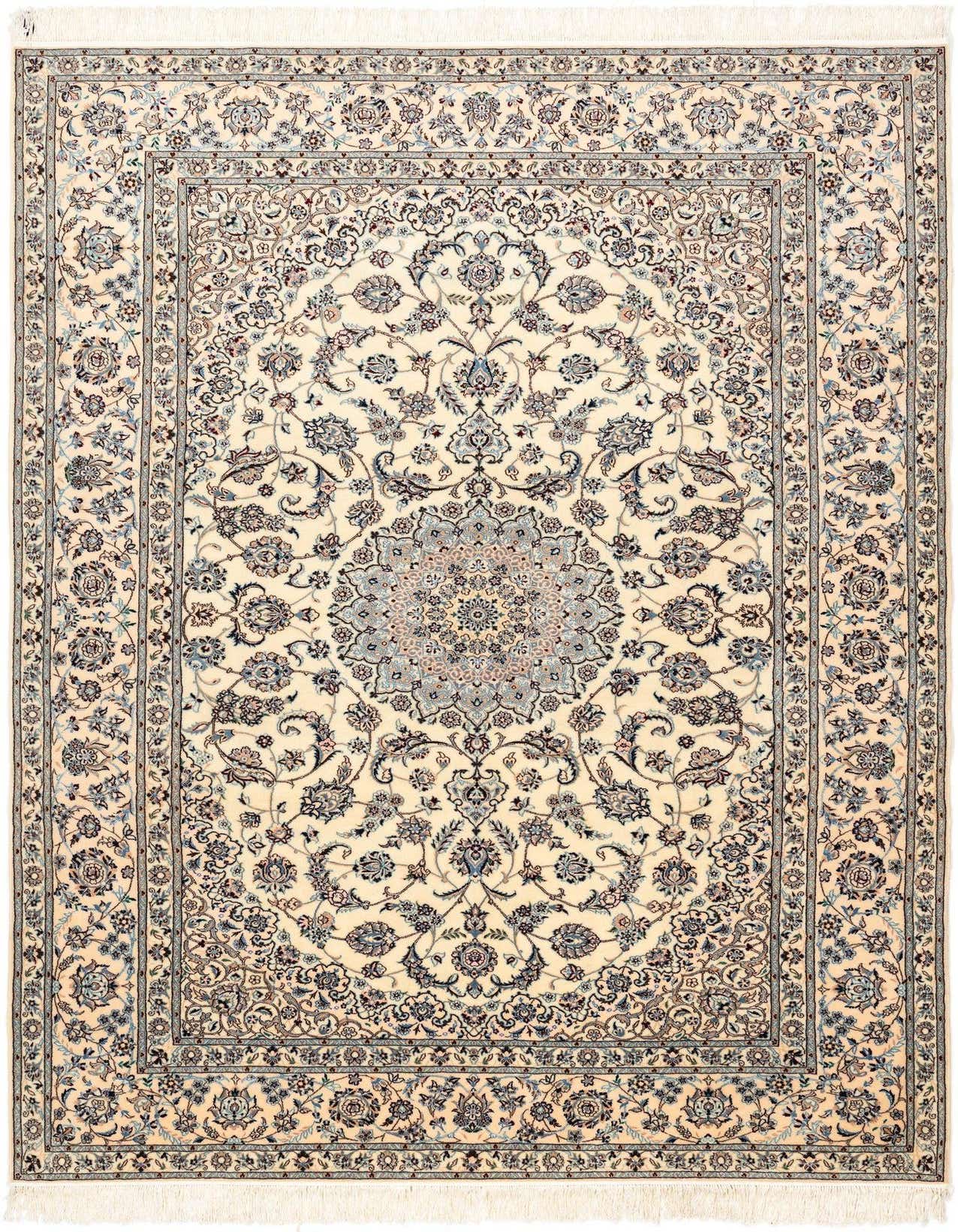 A 7x10 rectangular Persian rug with a central medallion and intricate floral patterns in ivory, cream, and brown.