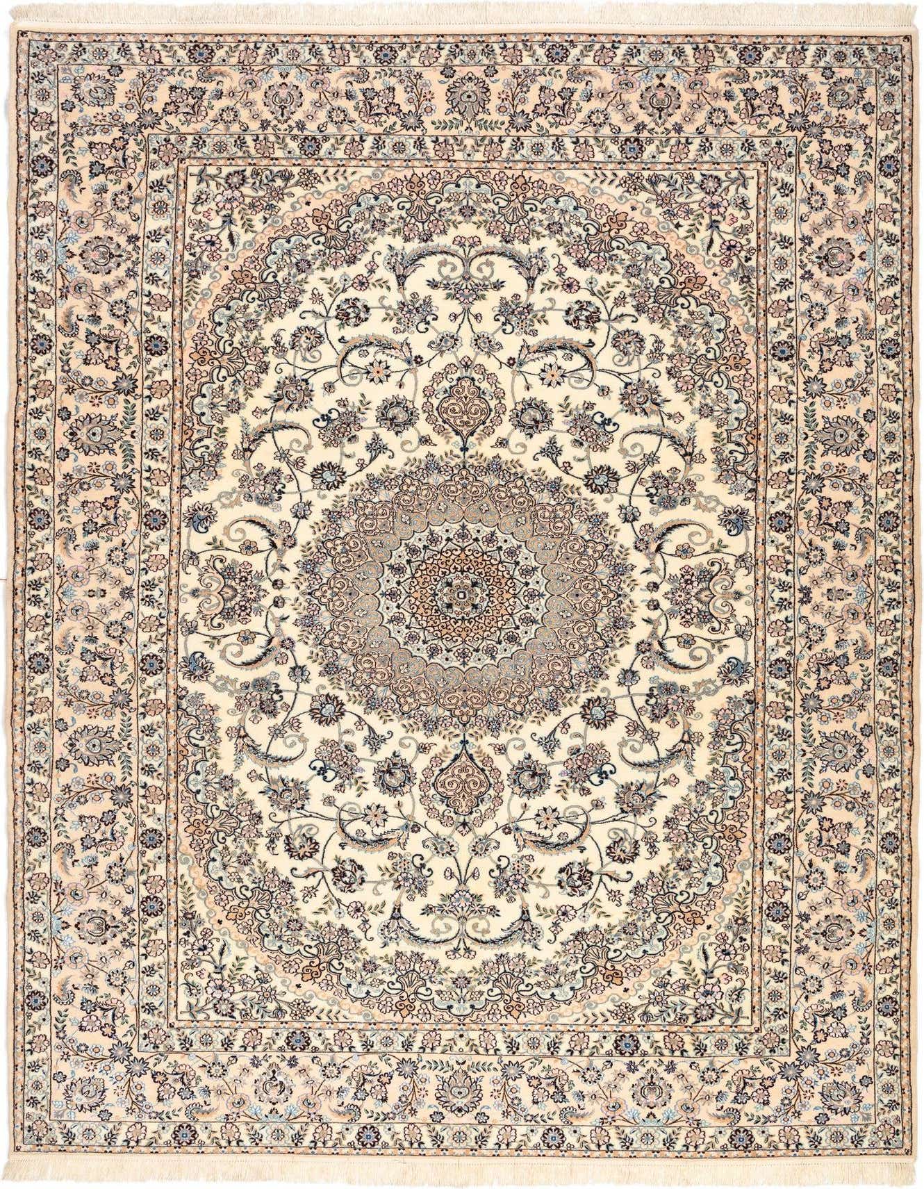 A 7x10 rectangular Persian rug in browns, tans, and ivories, featuring an intricate floral medallion pattern.